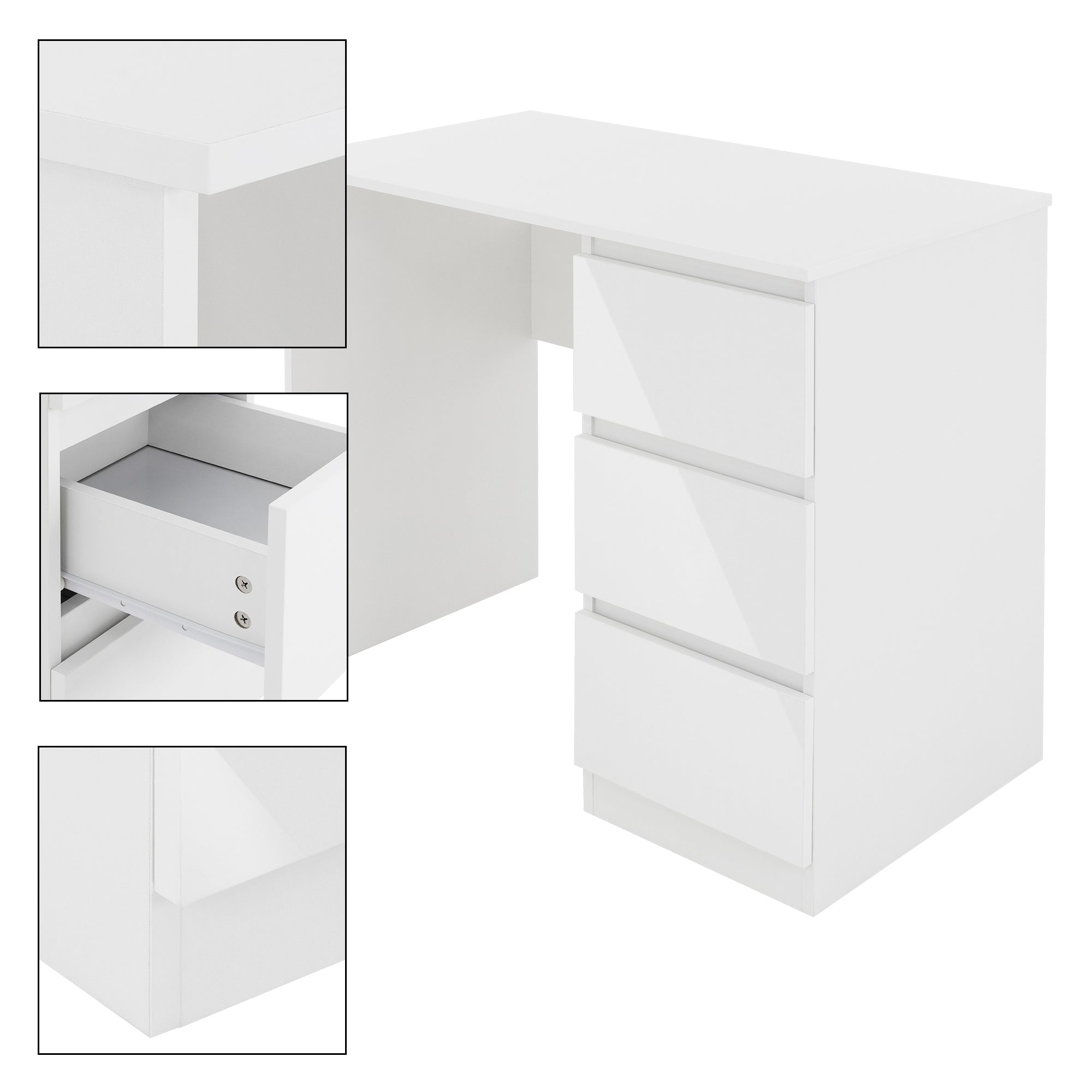 White desk with three drawers and a detailed view of the drawer.