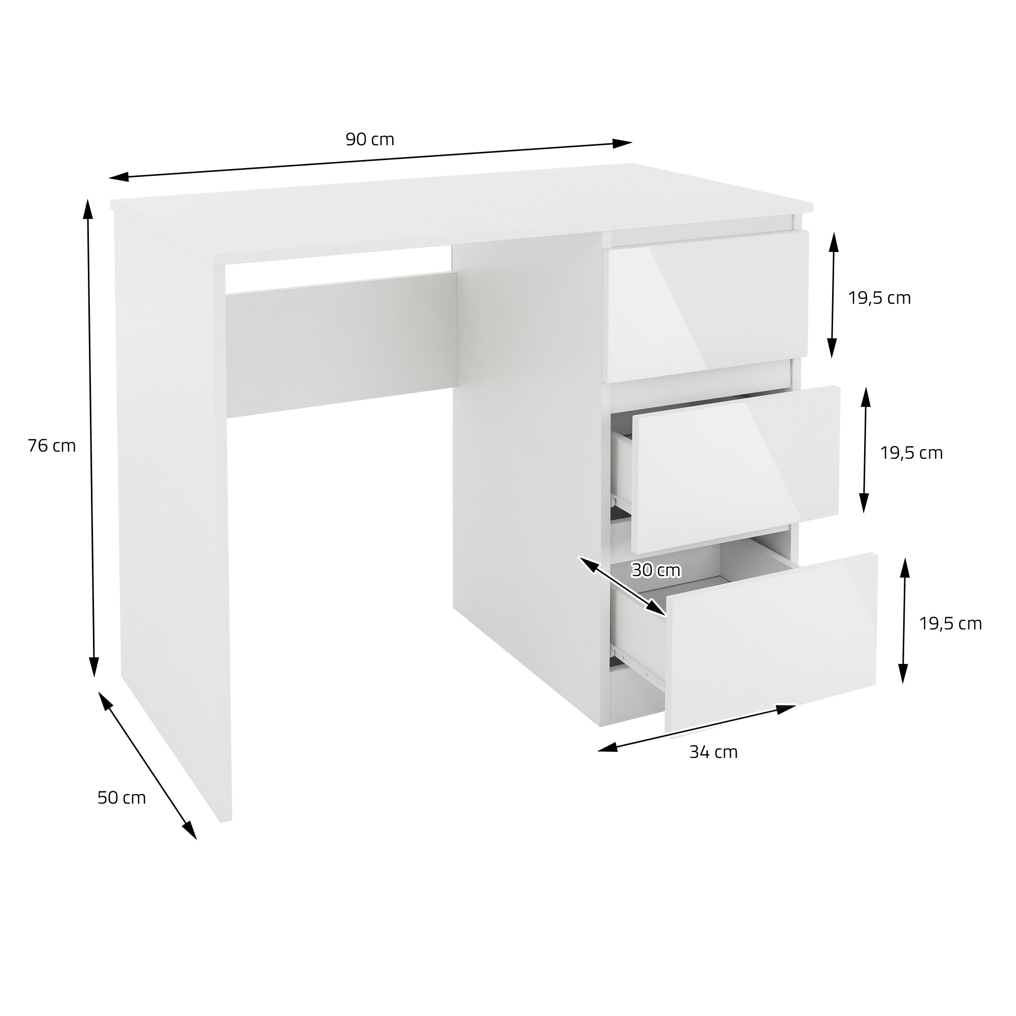 Measurement drawing of a white desk with three drawers.