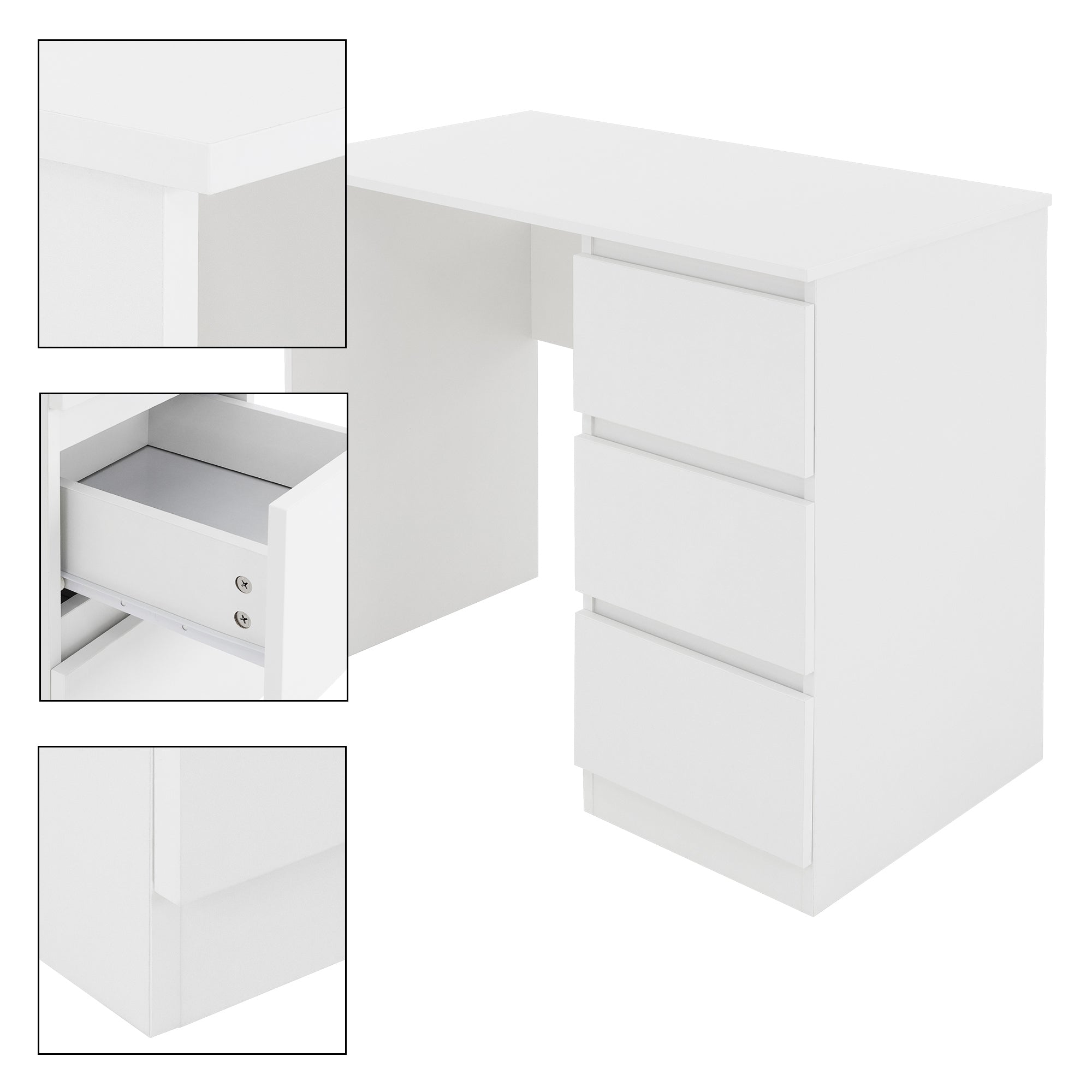 Witte bureau met drie lades en open opbergruimte.