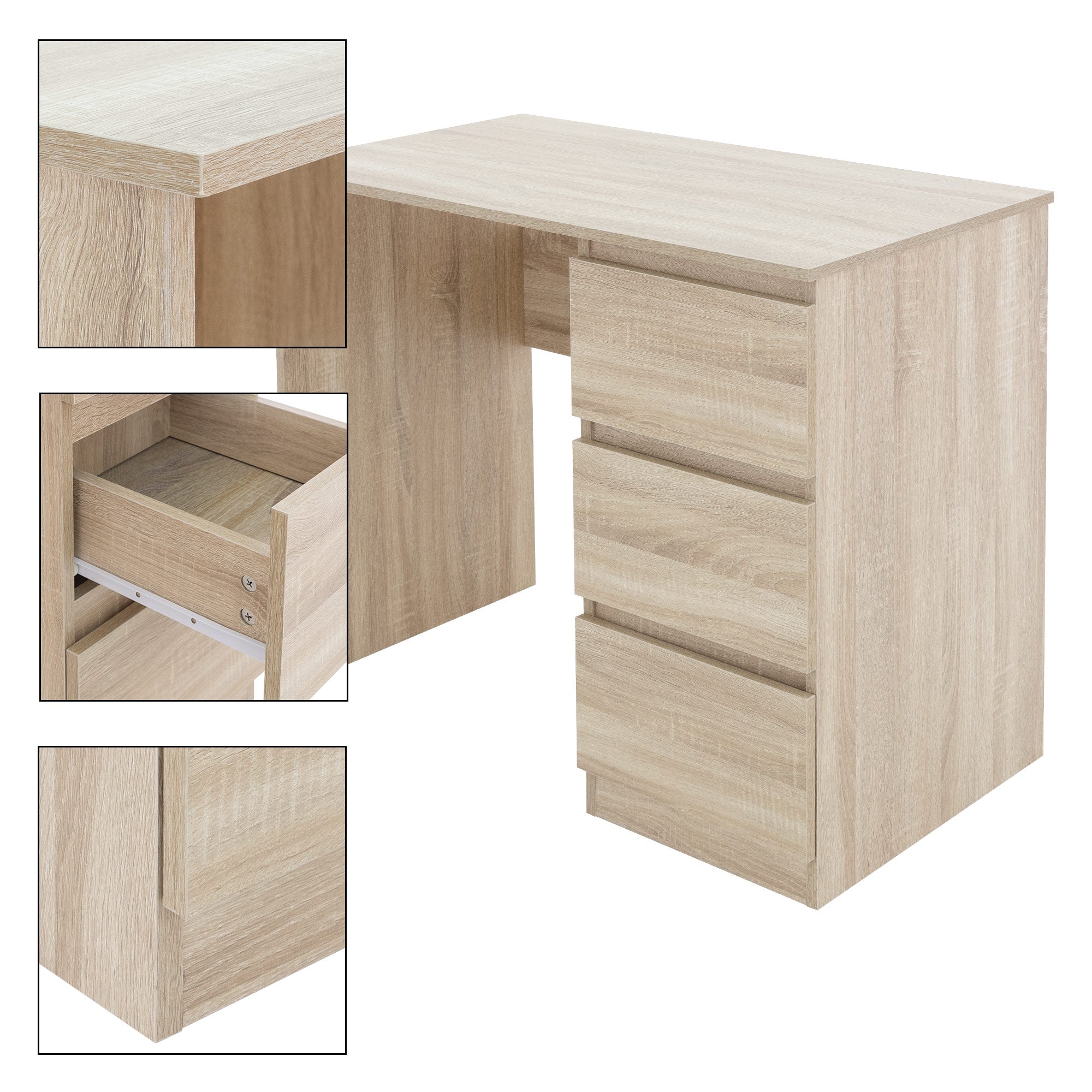Holzschreibtisch mit drei Schubladen und offener Ablage.