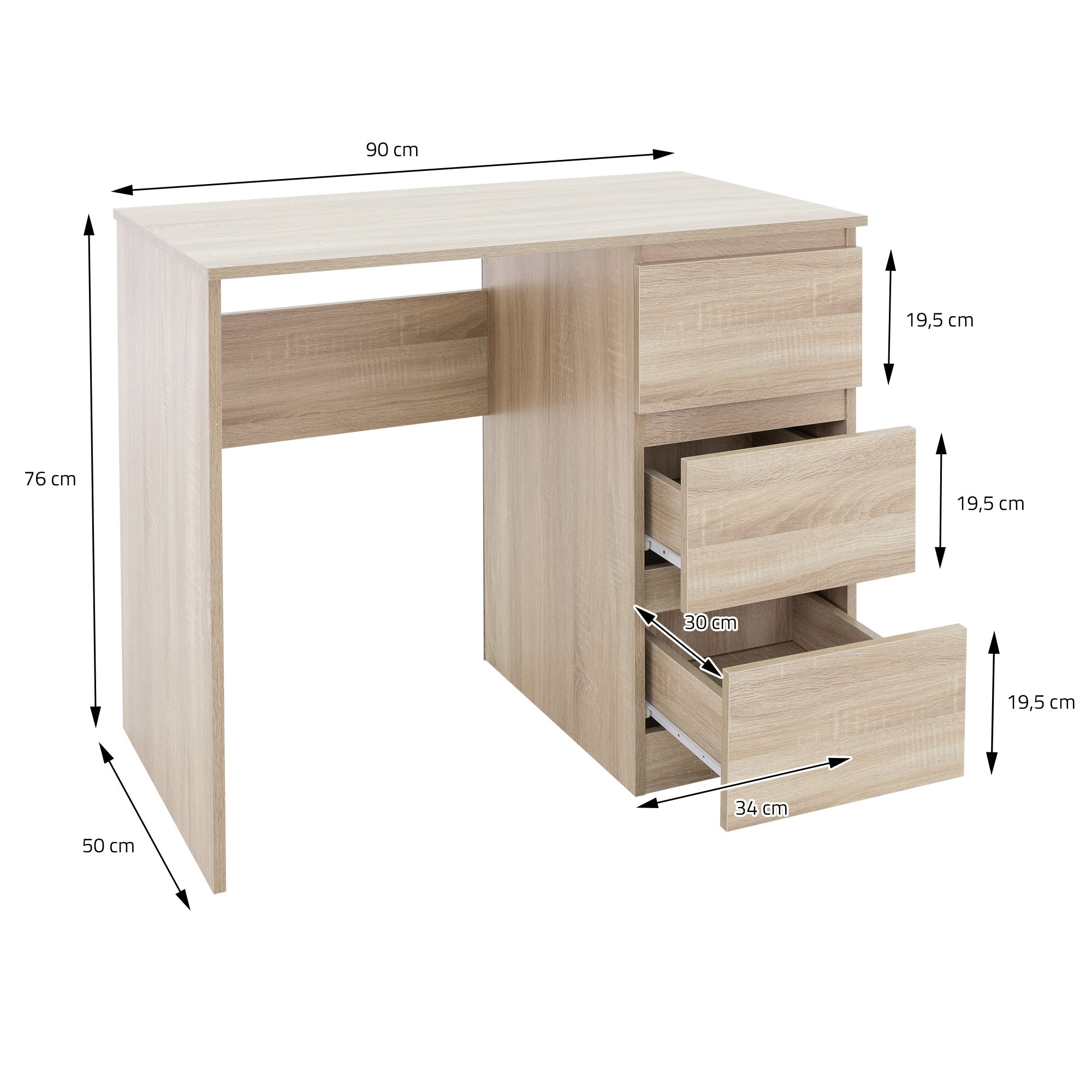 Schreibtisch aus hellem Holz mit drei Schubladen und Maßangaben.