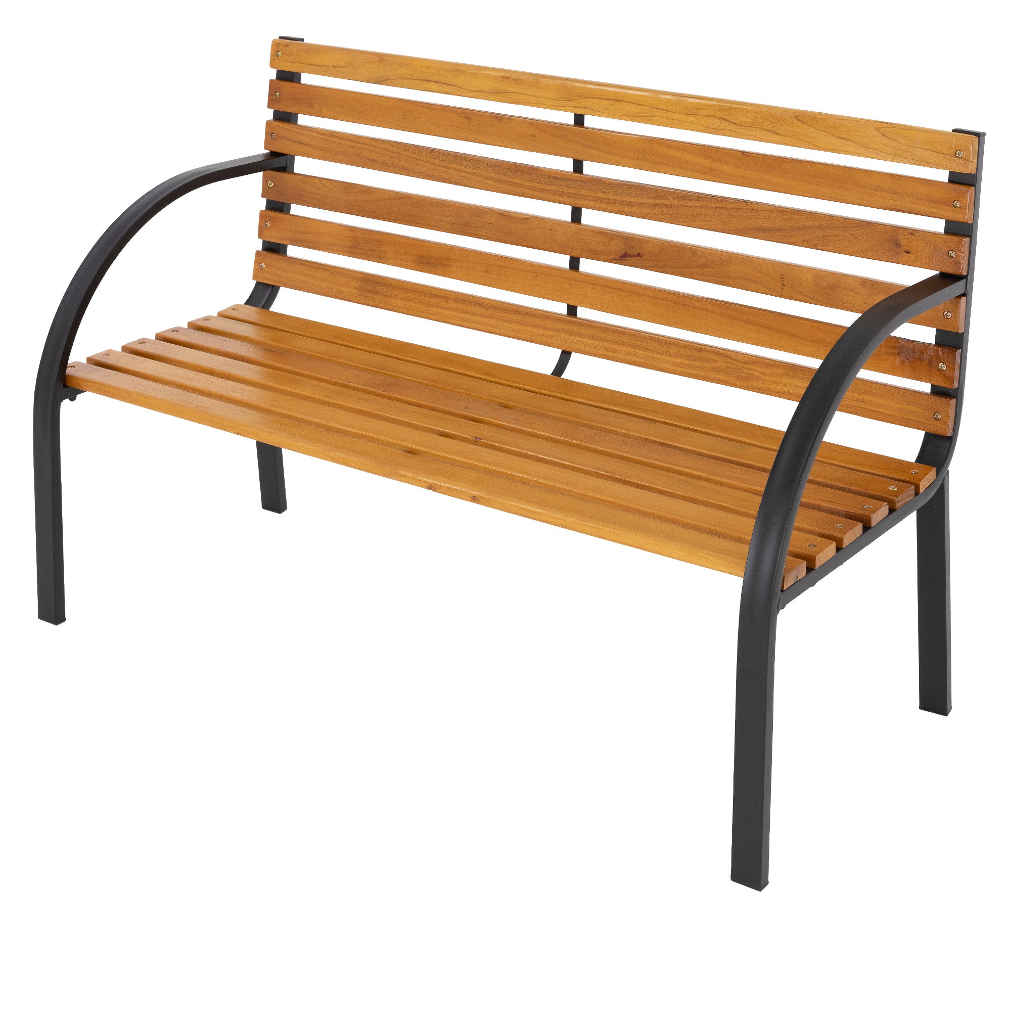 Banco de madera con estructura de metal, compuesto por varias tablas de madera.