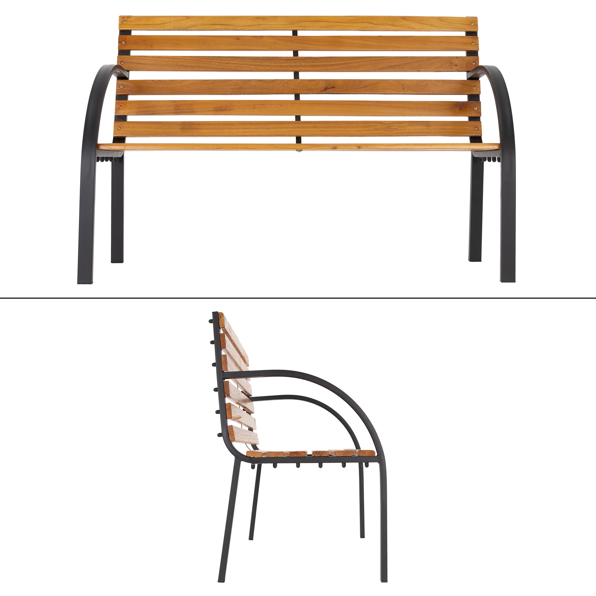 Banco de madera con tablones de asiento horizontales y estructura de metal negra.