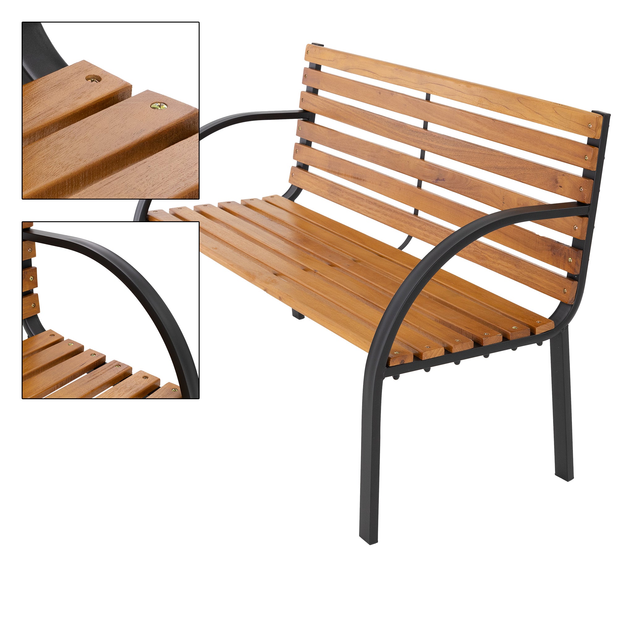 Banco de madera con patas de metal negras y tablones de madera.
