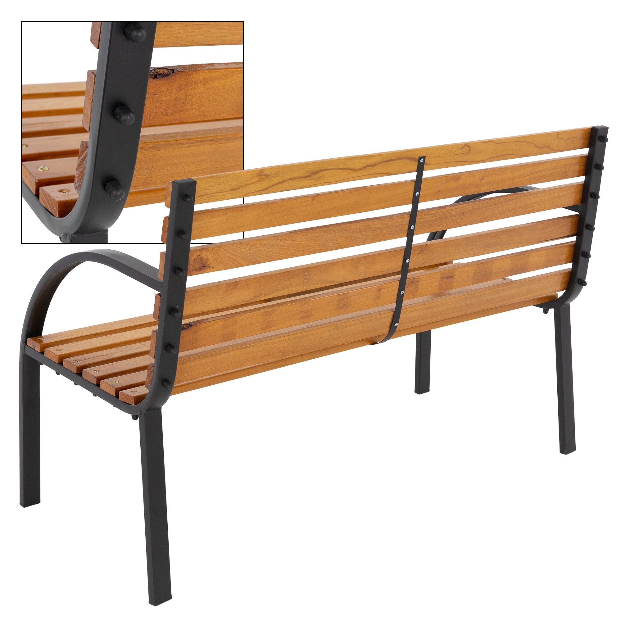 Banco de madera con respaldo y estructura de metal, fabricado con tablones de madera.