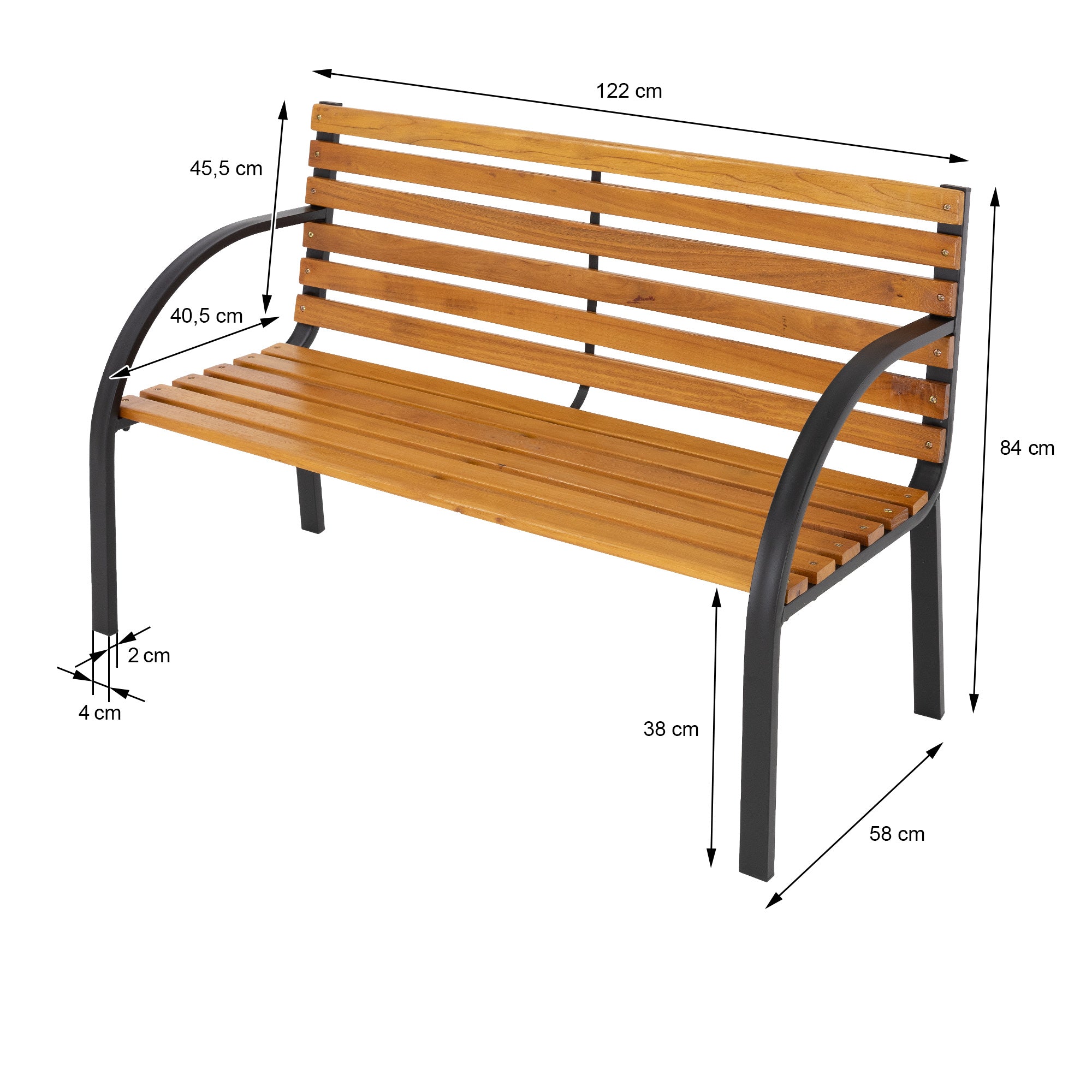 Banco de madera con estructura de metal y reposabrazos redondeados.