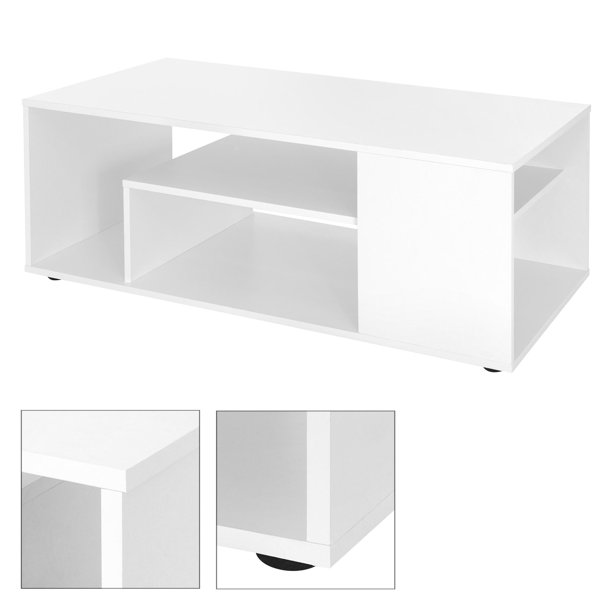 Mesa de café blanca con compartimentos abiertos y un estante adicional.