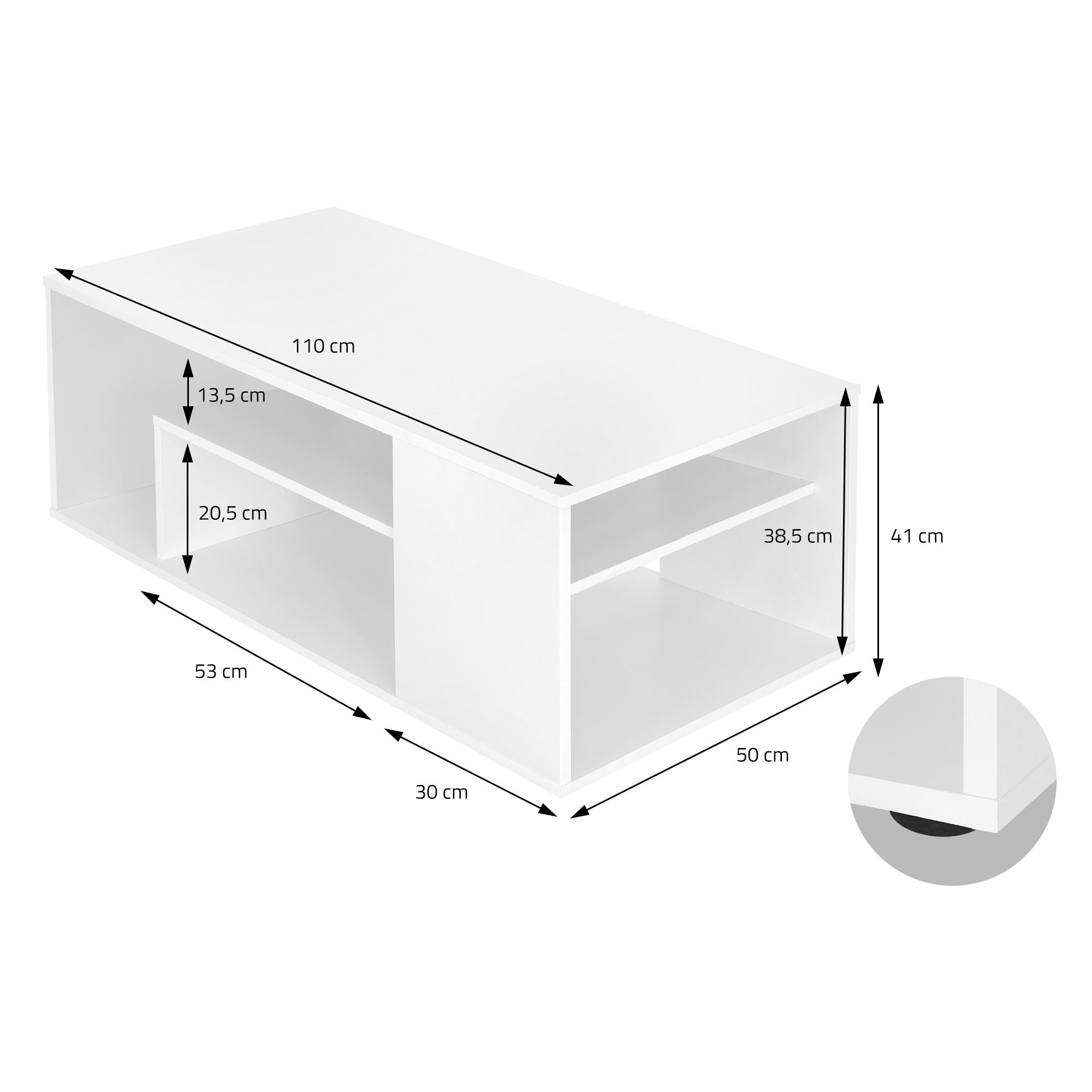 Mueble blanco con medidas y dos estantes abiertos.