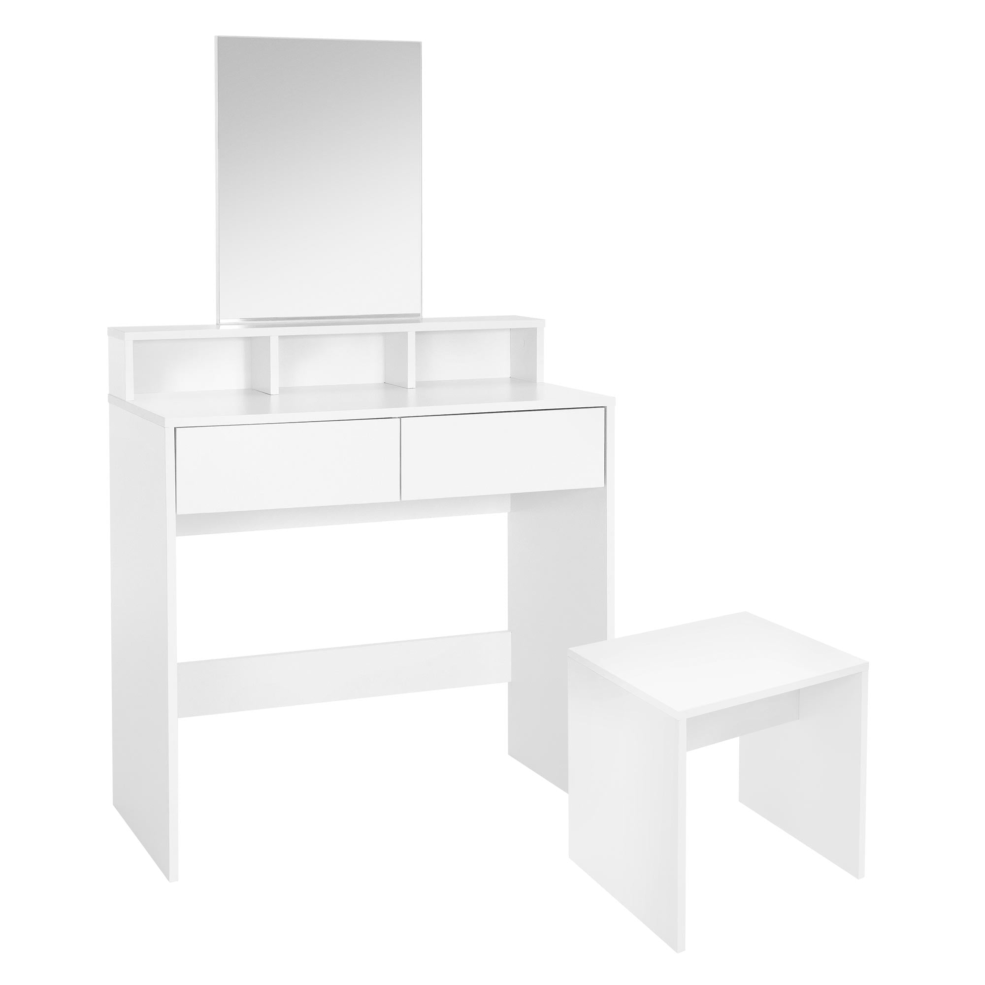 Coiffeuse blanche avec miroir et deux tiroirs, à côté un petit tabouret.