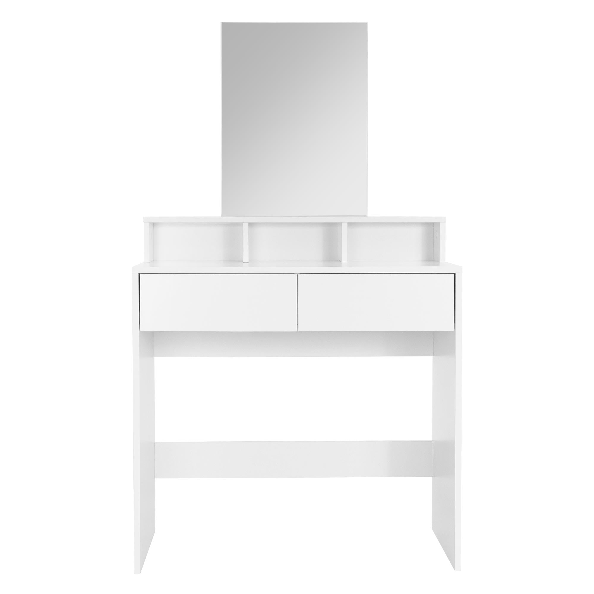 Coiffeuse blanche avec deux tiroirs et un miroir au-dessus.