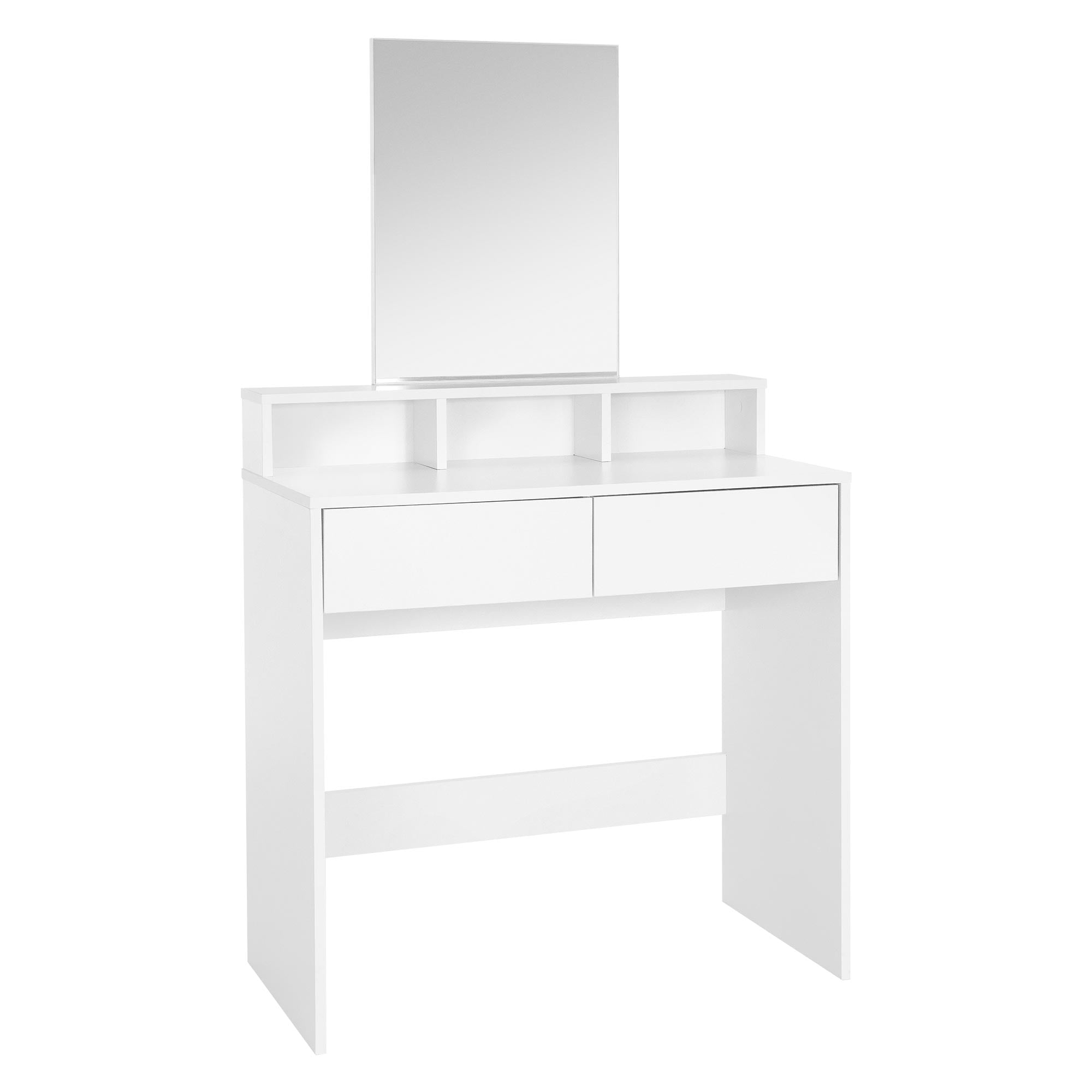 Coiffeuse blanche avec miroir et deux tiroirs.