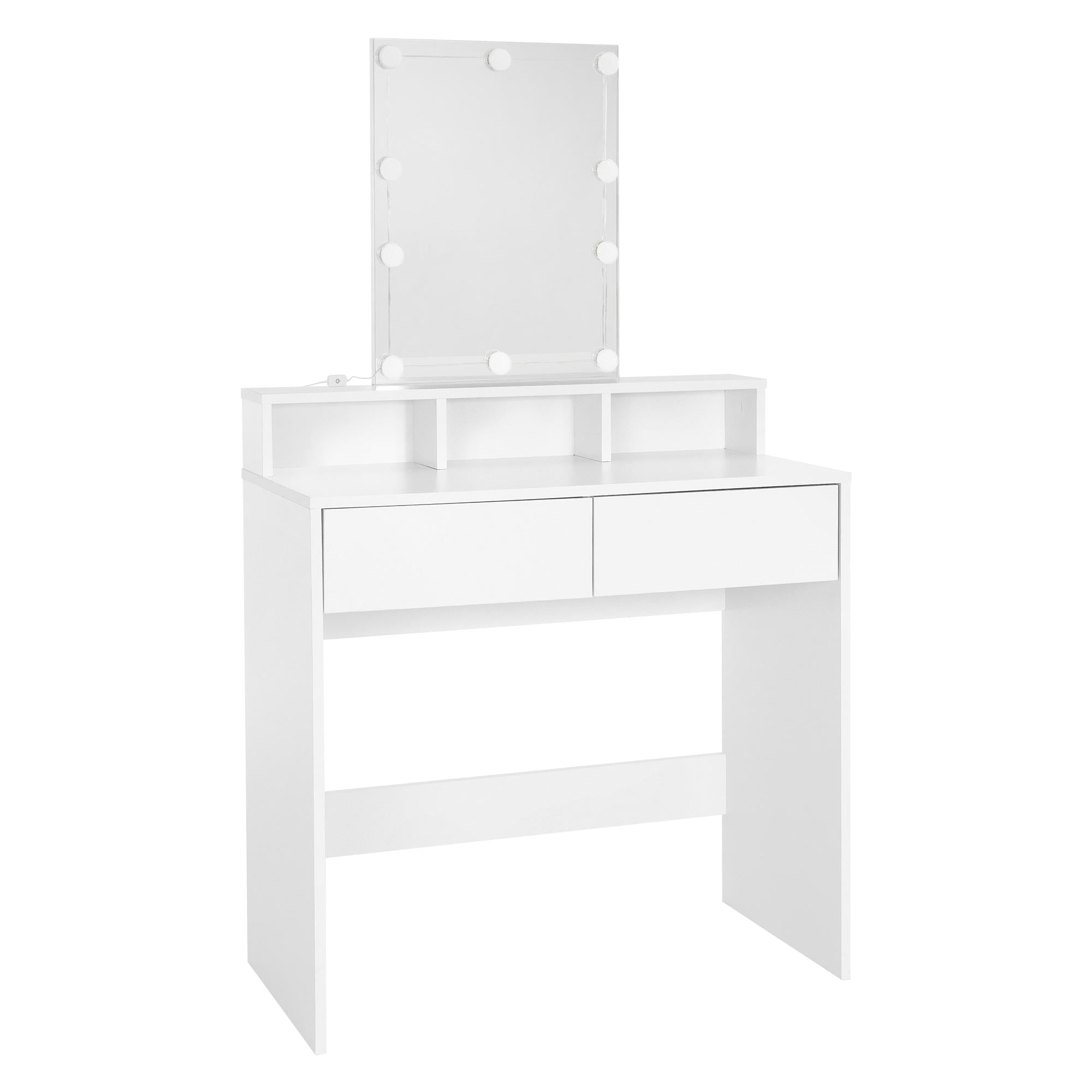 Coiffeuse blanche avec miroir éclairé et deux tiroirs.