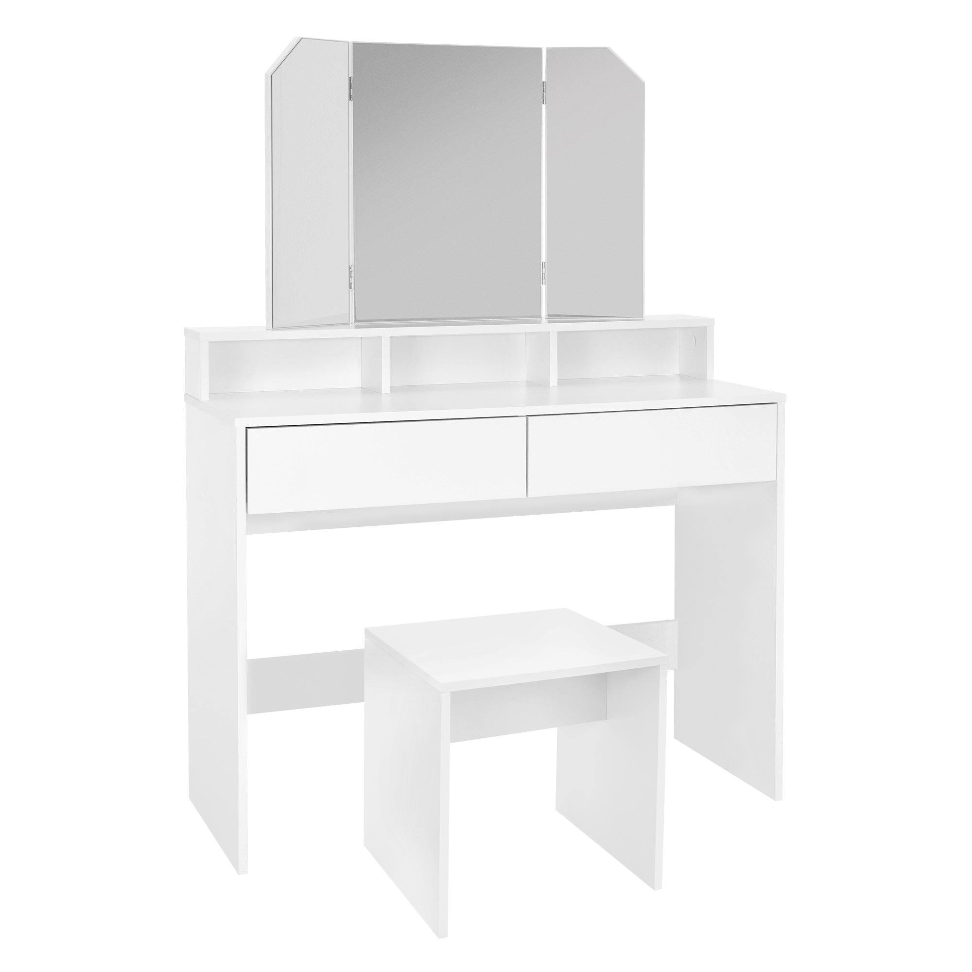 Coiffeuse blanche avec deux tiroirs et un miroir.
