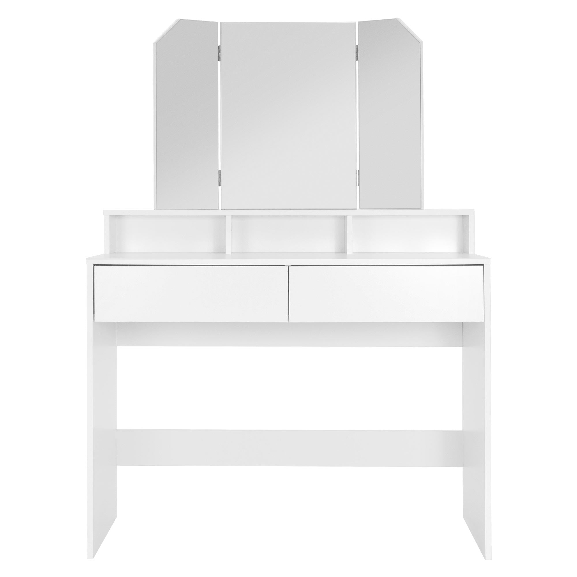 Coiffeuse blanche avec trois miroirs et sans produits cosmétiques visibles.