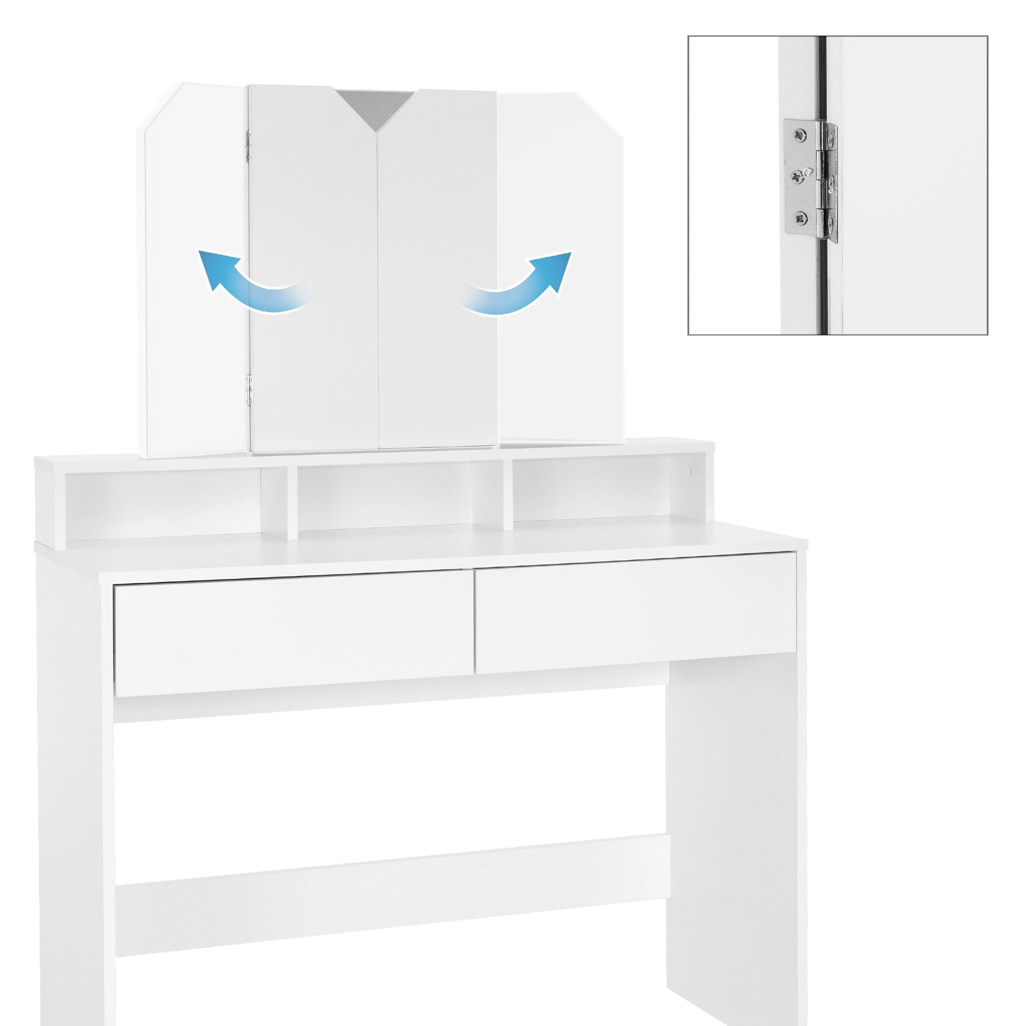 Coiffeuse blanche avec miroir rabattable et deux tiroirs.