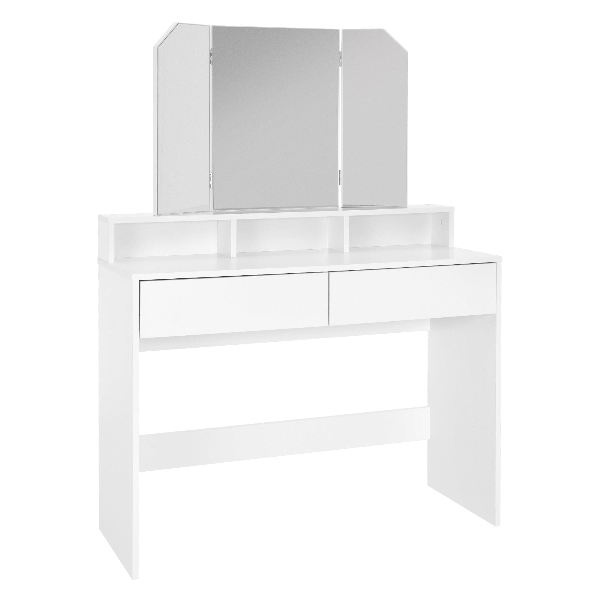 Coiffeuse blanche avec trois miroirs et deux tiroirs.