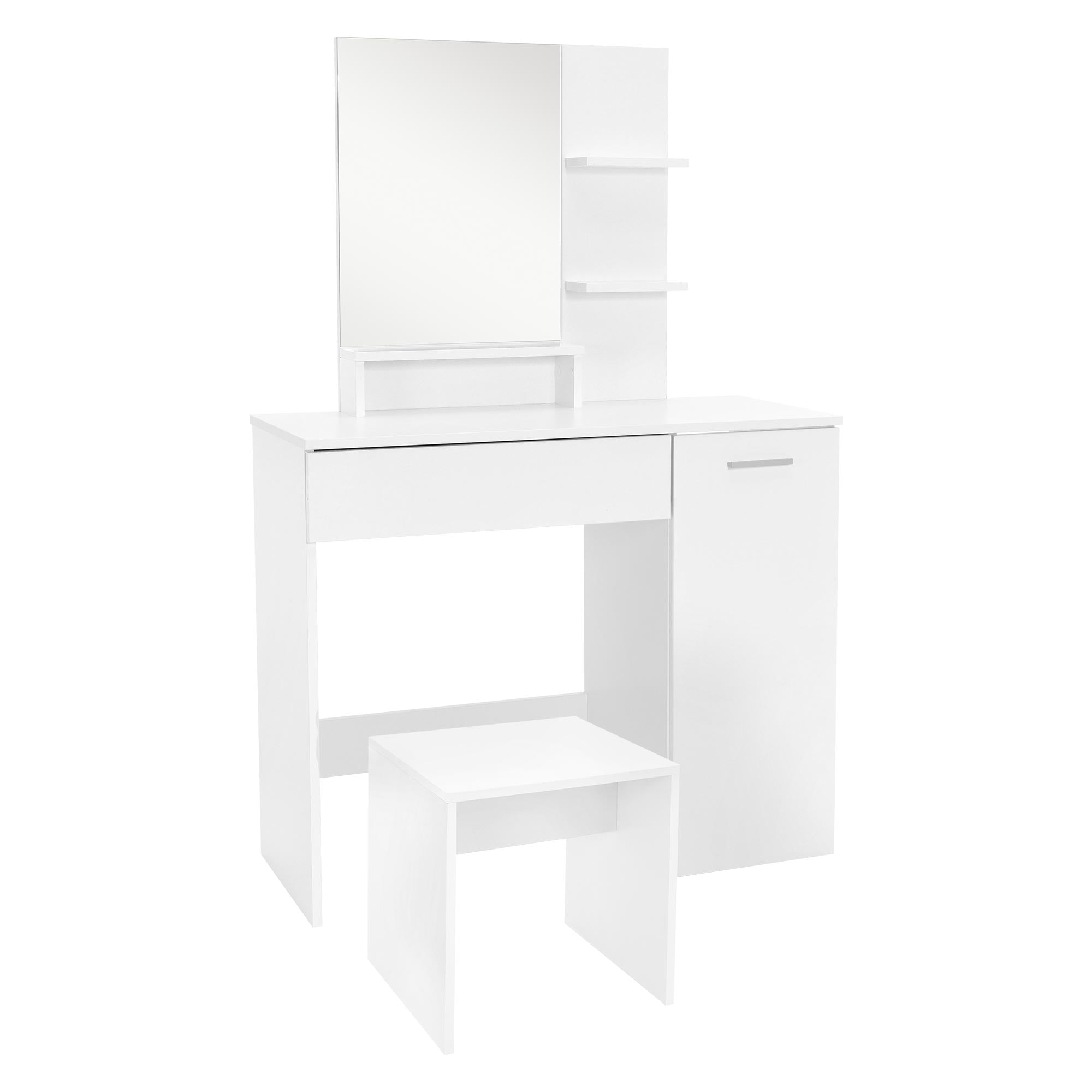 Une coiffeuse blanche avec miroir et tabouret, au design minimaliste.