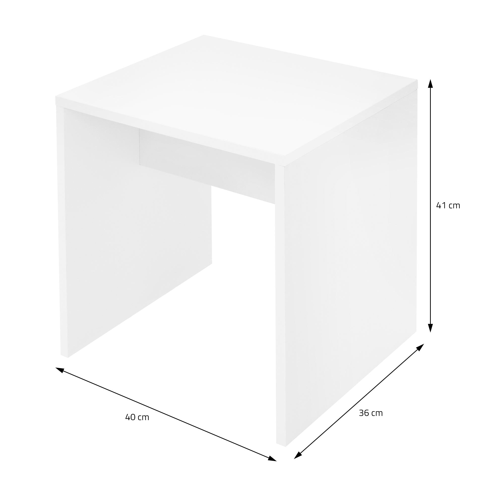 Table blanche avec des côtés ouverts et des dimensions.