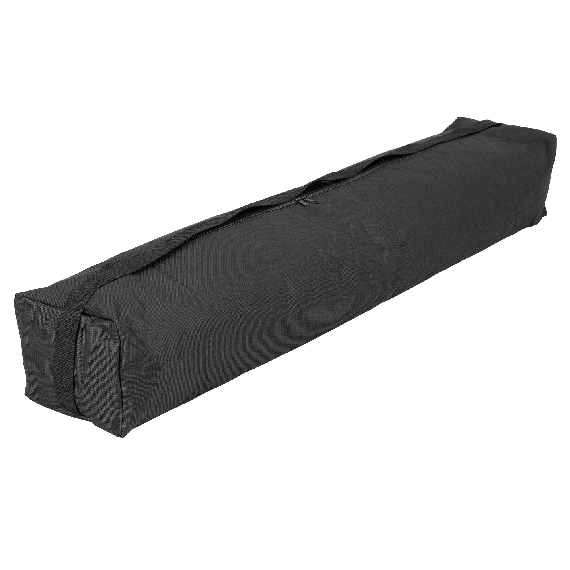 Schwarze, längliche Tasche mit Reißverschluss und Tragegriff.