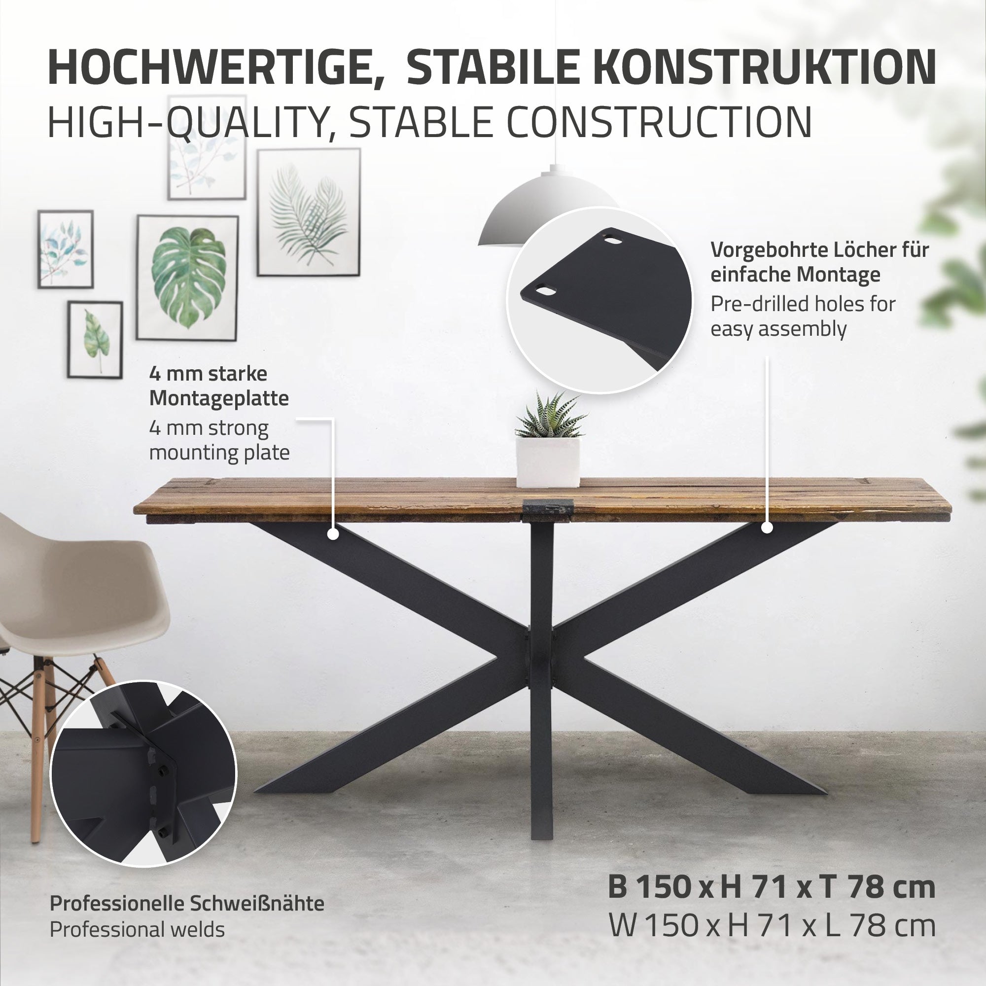 Tavolo con costruzione stabile, piano in legno e struttura in metallo a forma di X.