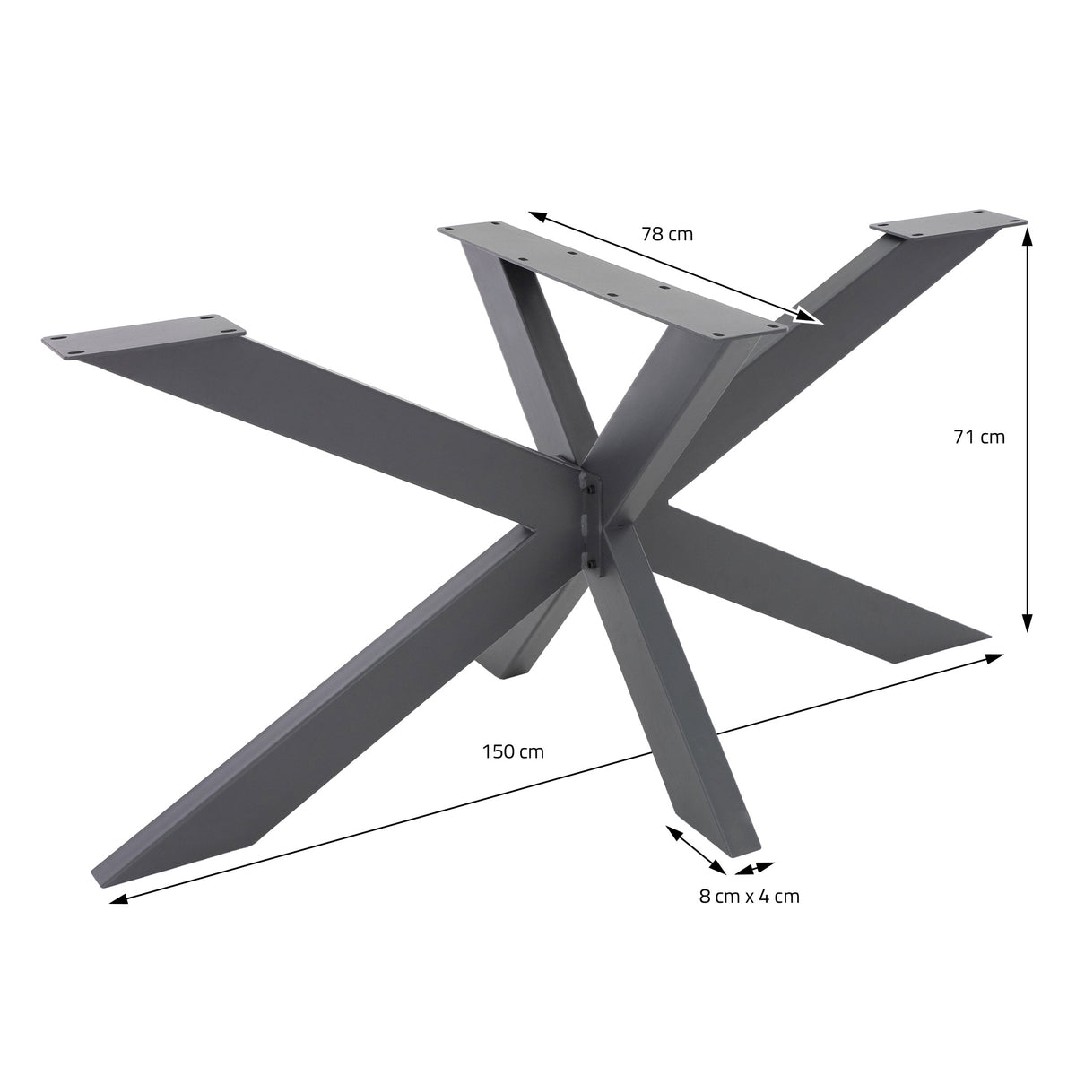 Bordstel med X-formede ben, mål: 150 cm bredde, 71 cm højde, 8x4 cm profil.