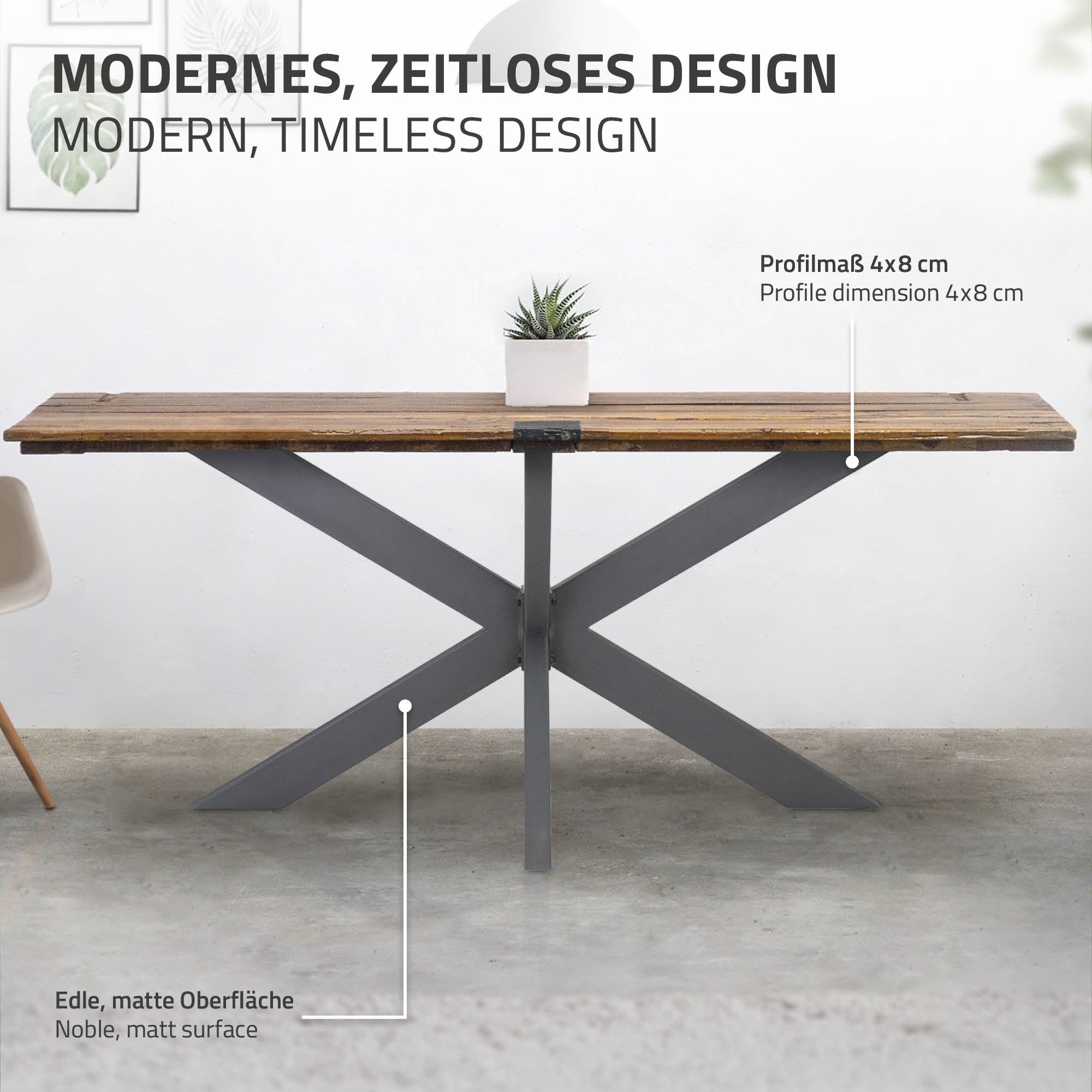 Table with elegant, matte surface and stable X-shaped base.