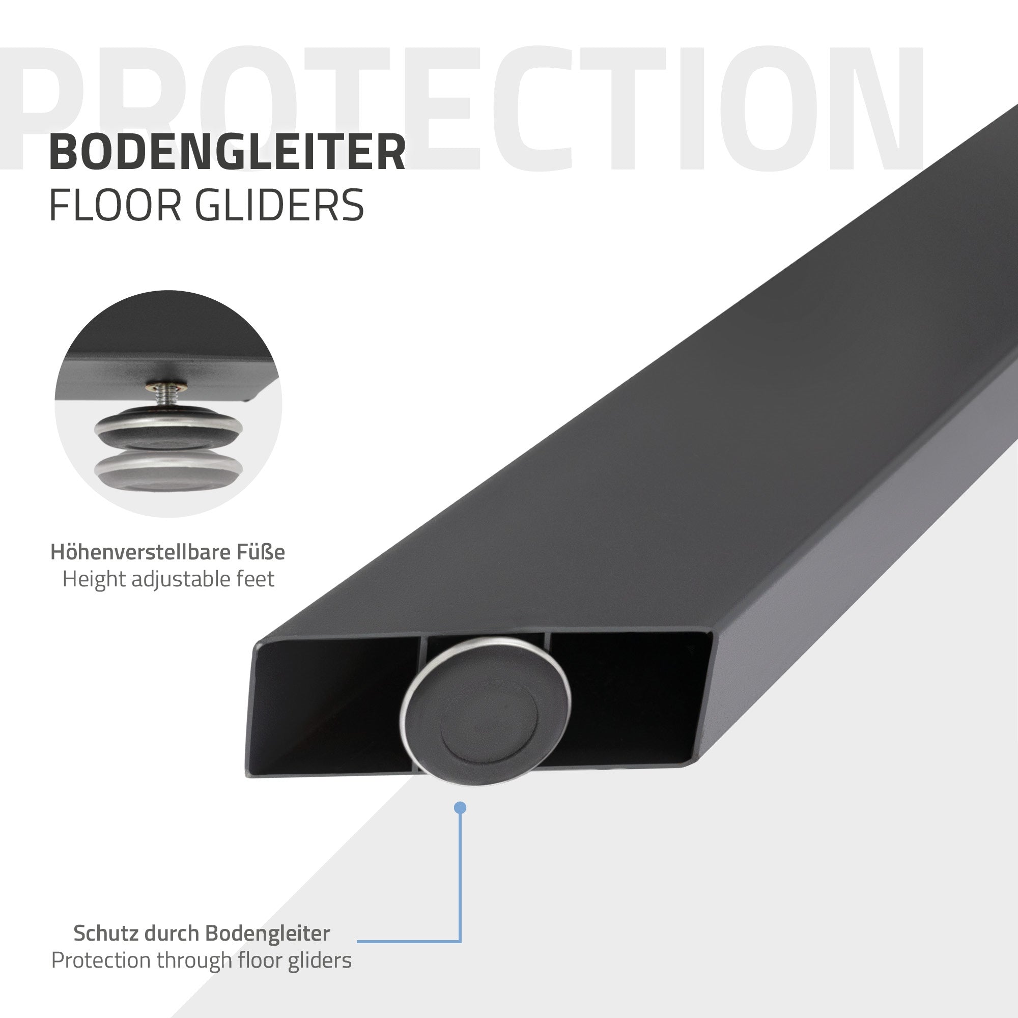 Baseboard with height-adjustable feet and protection by floor glides.