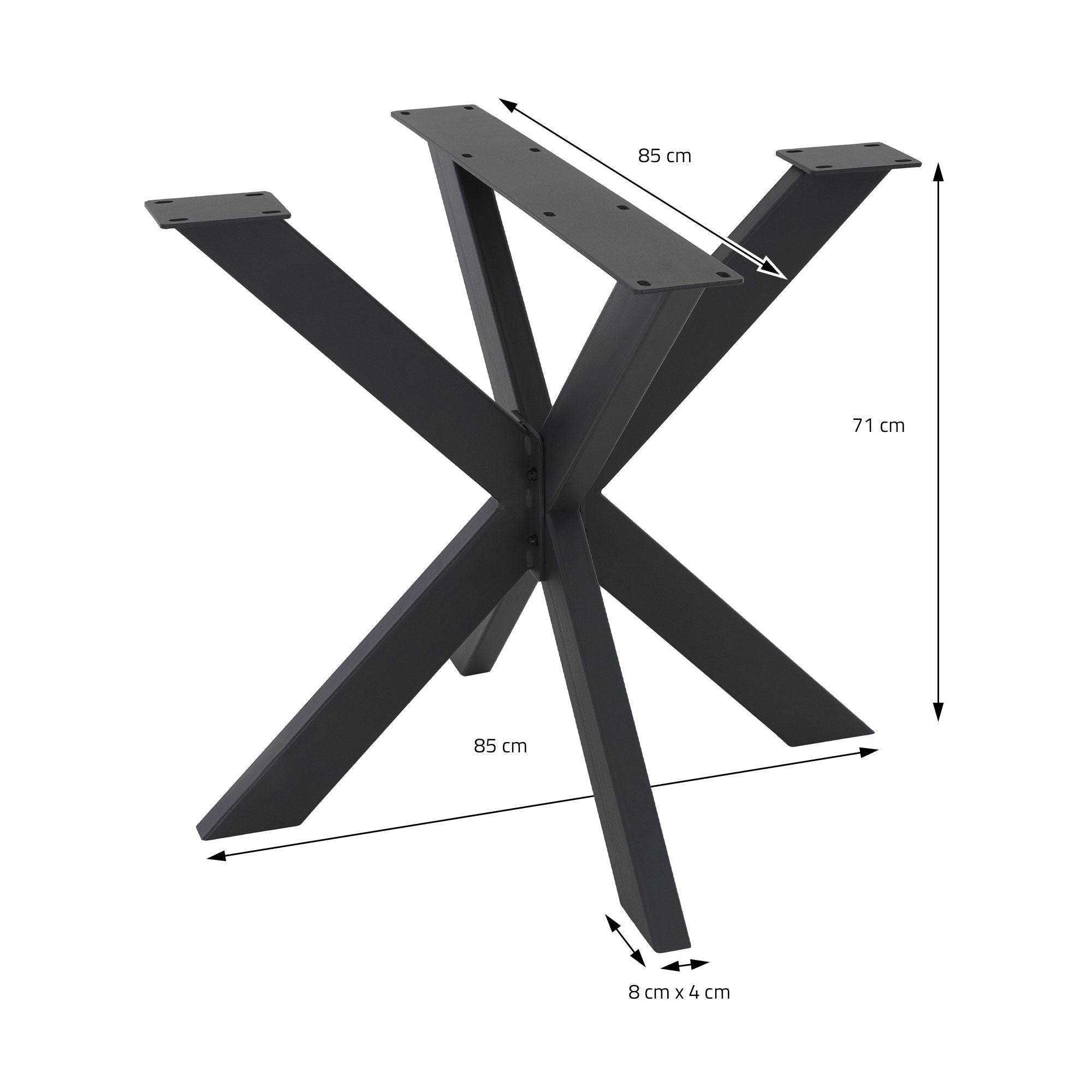 Dimensiones de la estructura de mesa en forma de X con medidas.
