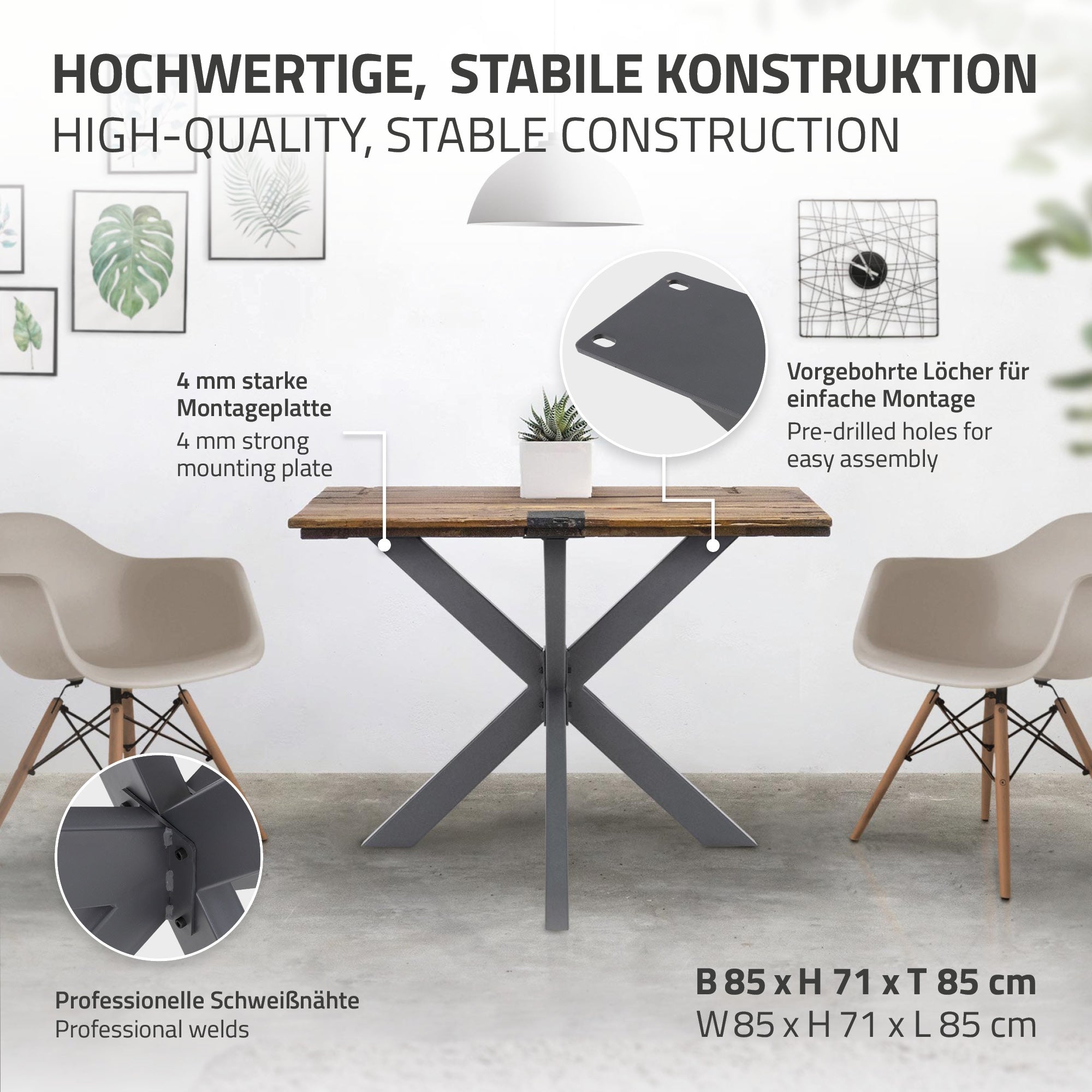 Een tafel met een stabiele constructie en montageplaat, omringd door twee stoelen.