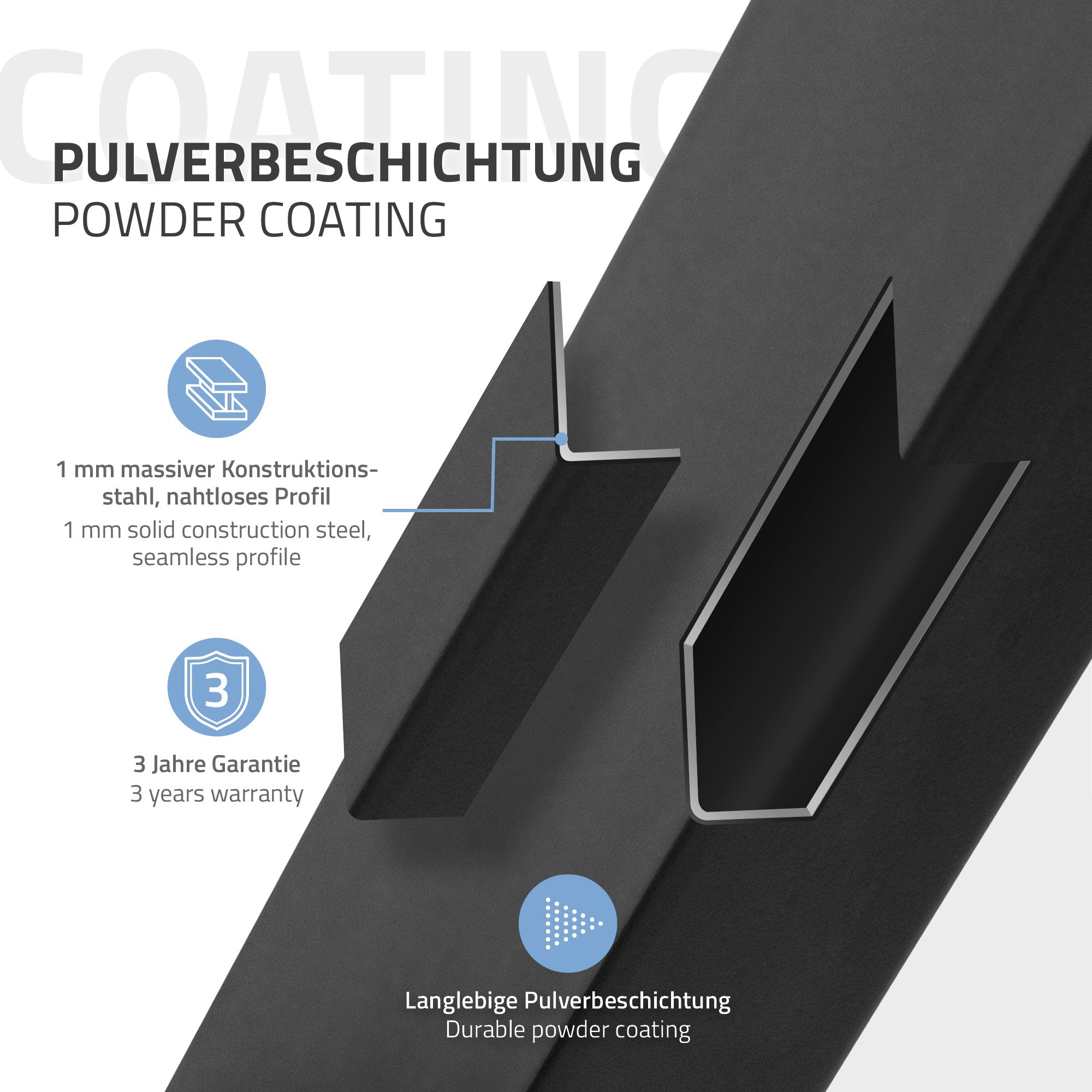 Graphique avec des informations sur le revêtement en poudre et la garantie.