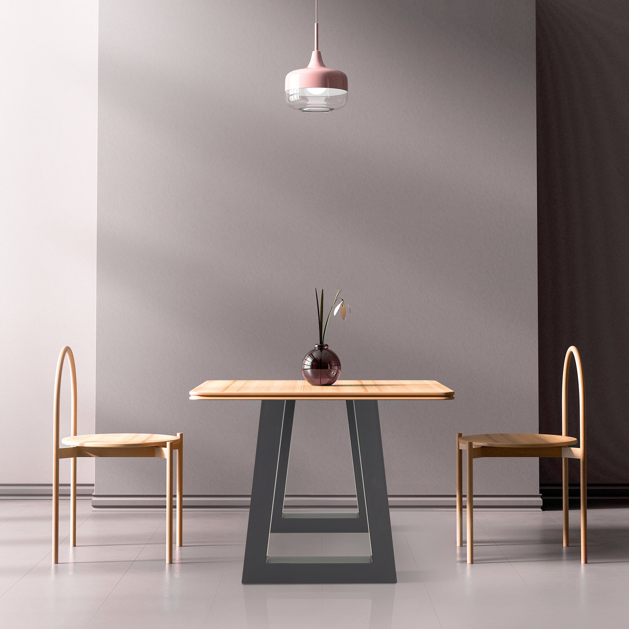 Un comedor moderno con una mesa y dos sillas.