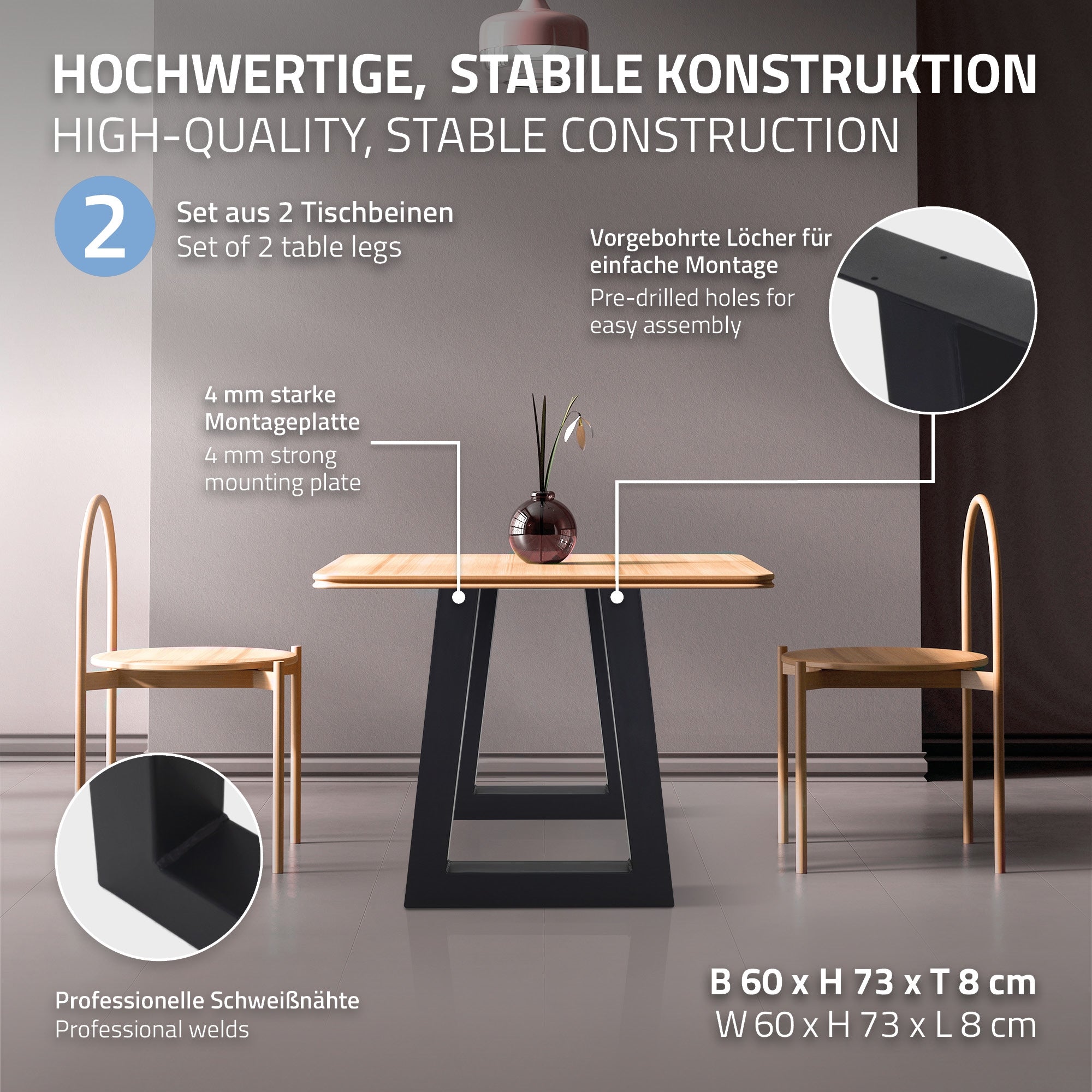 Dvě židle a stůl se stabilní konstrukcí v moderním prostoru.