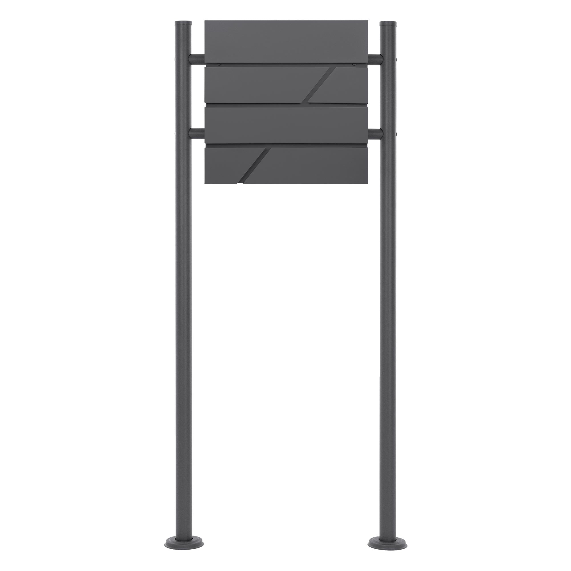 Anthracite-colored mailbox on two vertical supports, slightly differently designed.