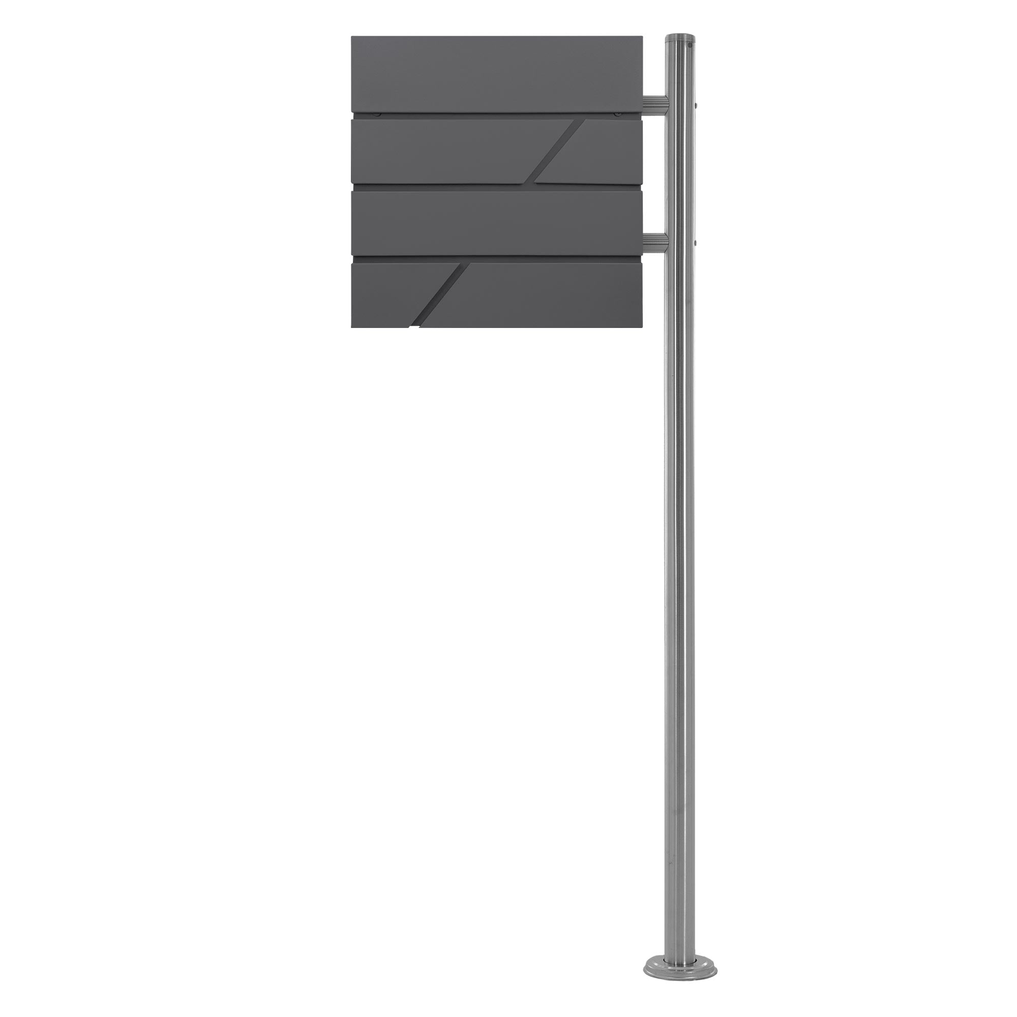 Gray sign with four horizontal plates on a metal post.