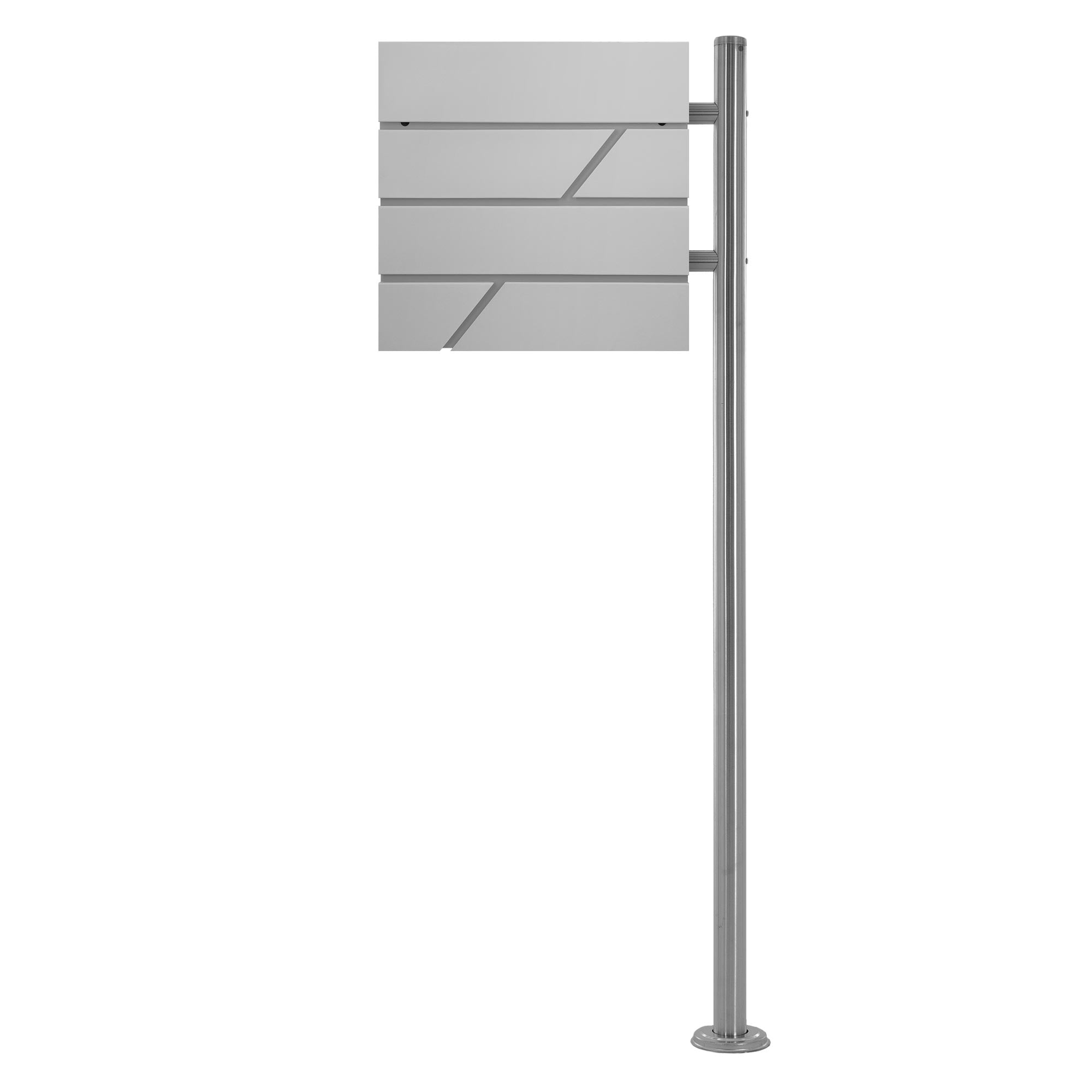Silver mailbox with three compartments on a post.