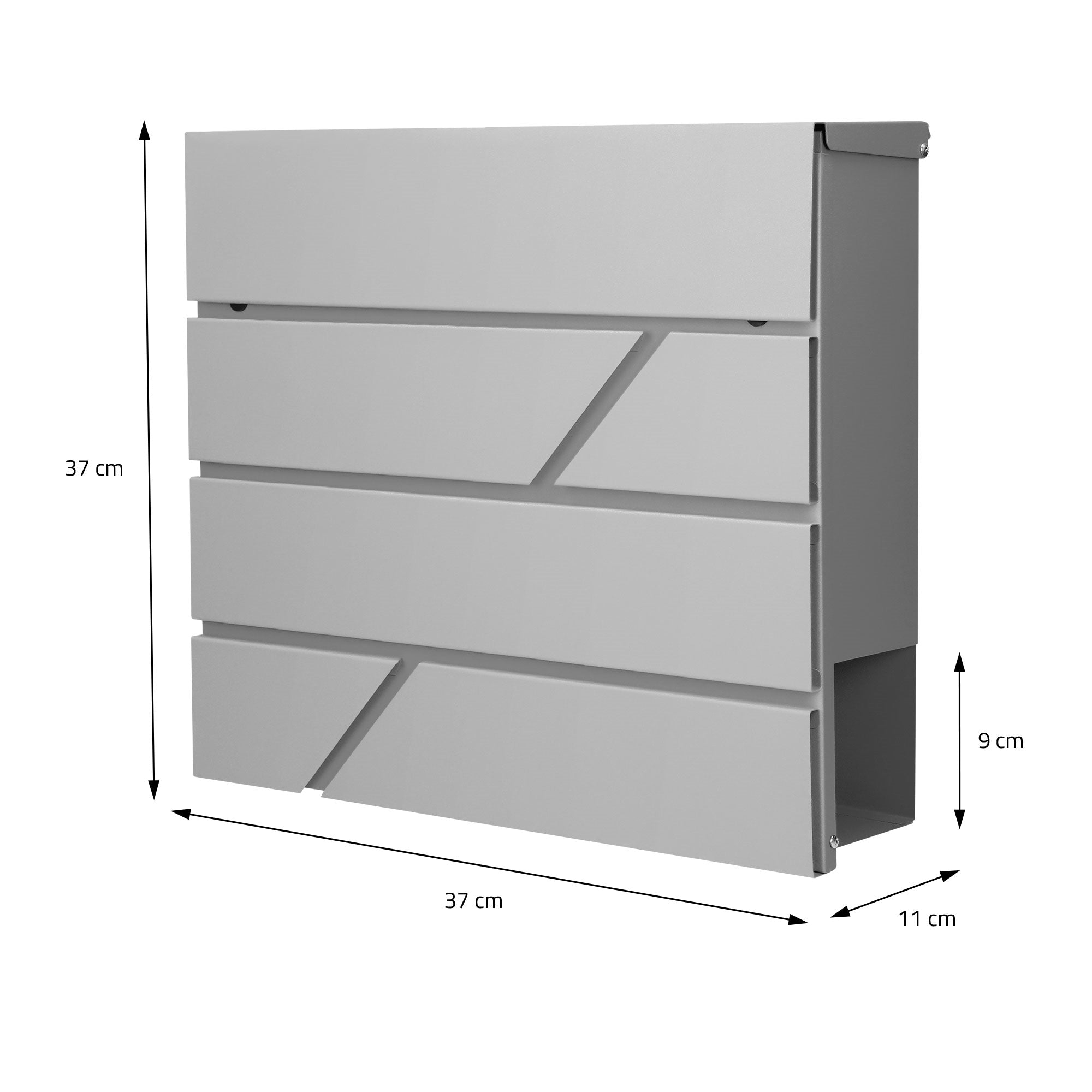 Måltegning af en grå postkasse med dimensioner i centimeter.
