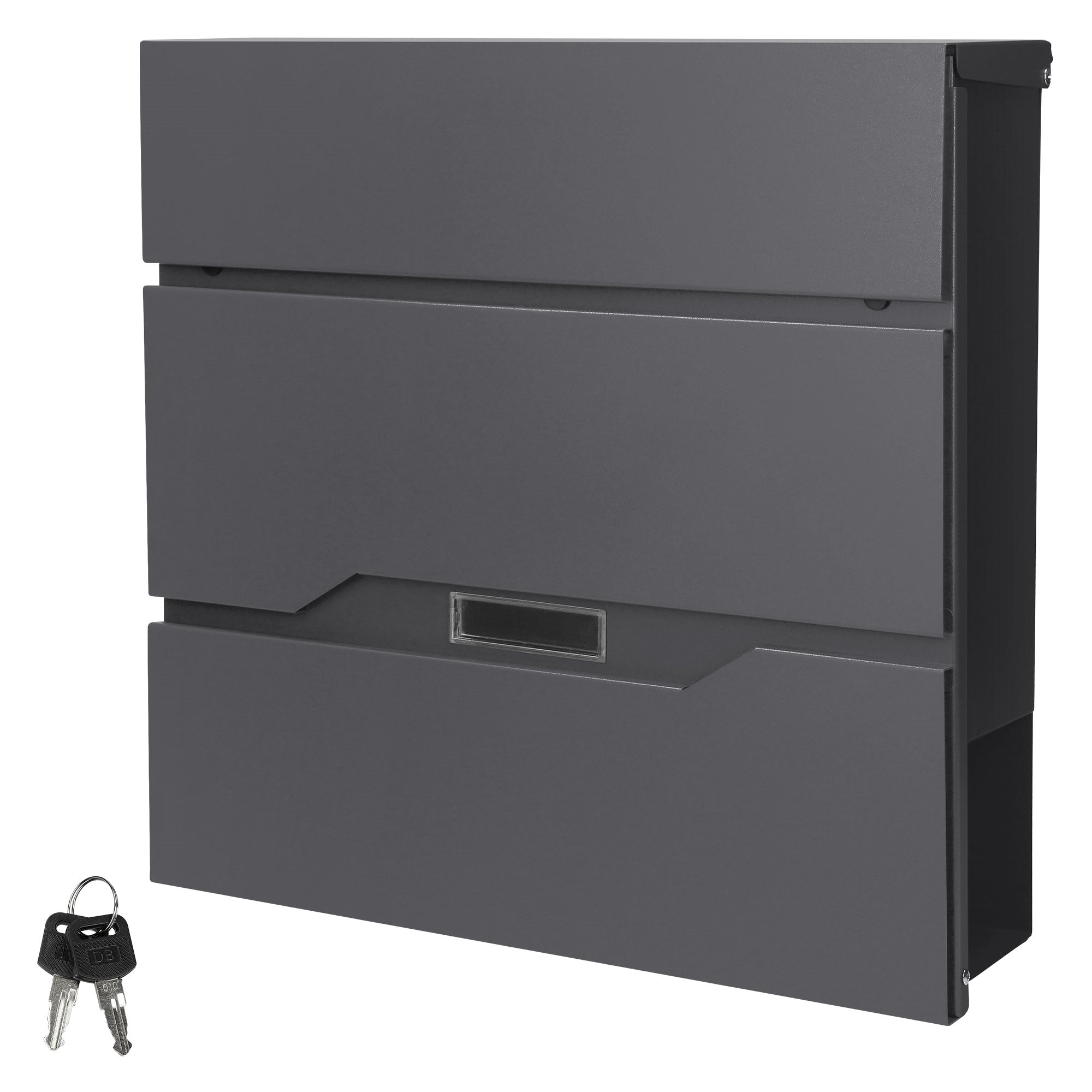 Gray mailbox system with three compartments and keys.