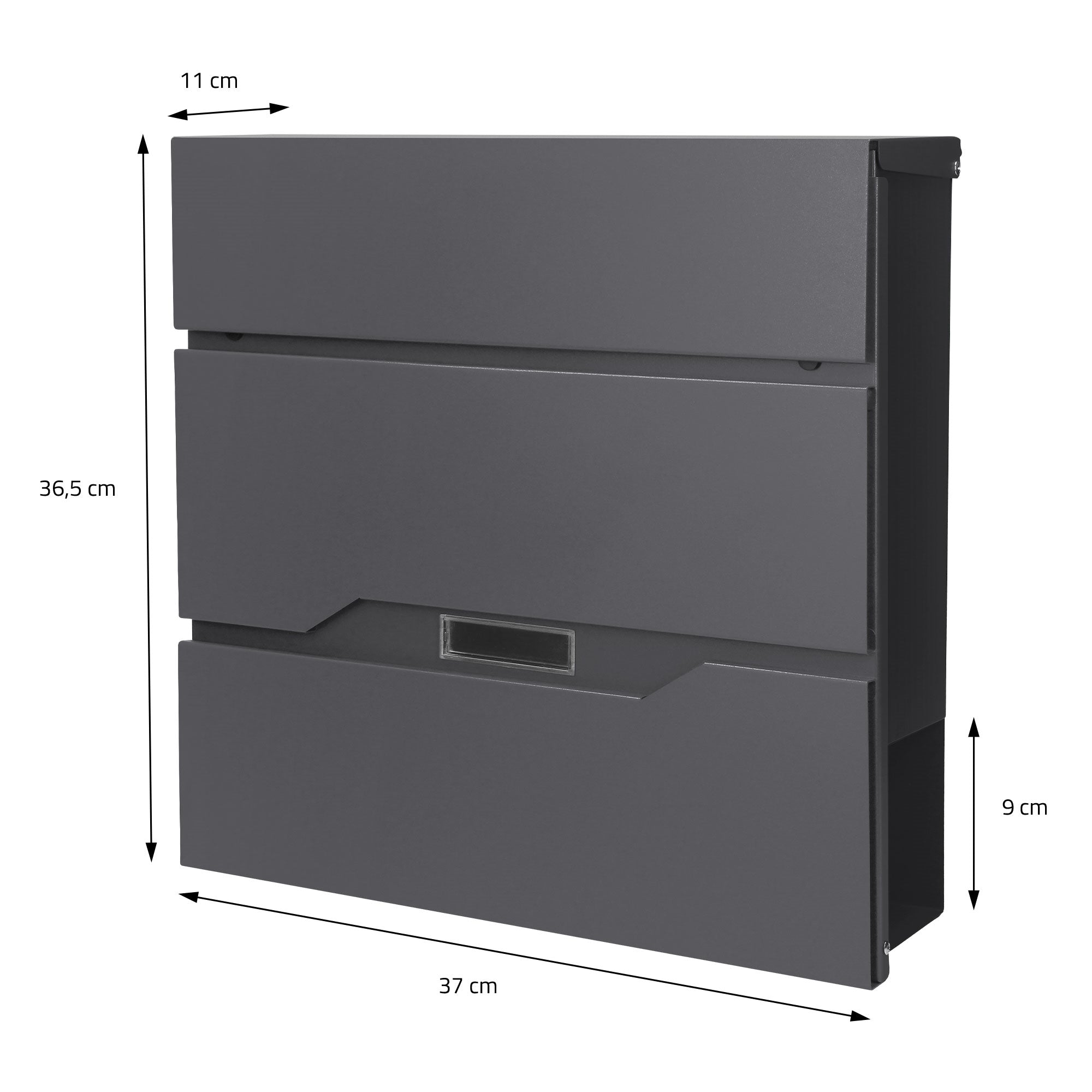 Dimension drawing of a mailbox with measurements in centimeters.