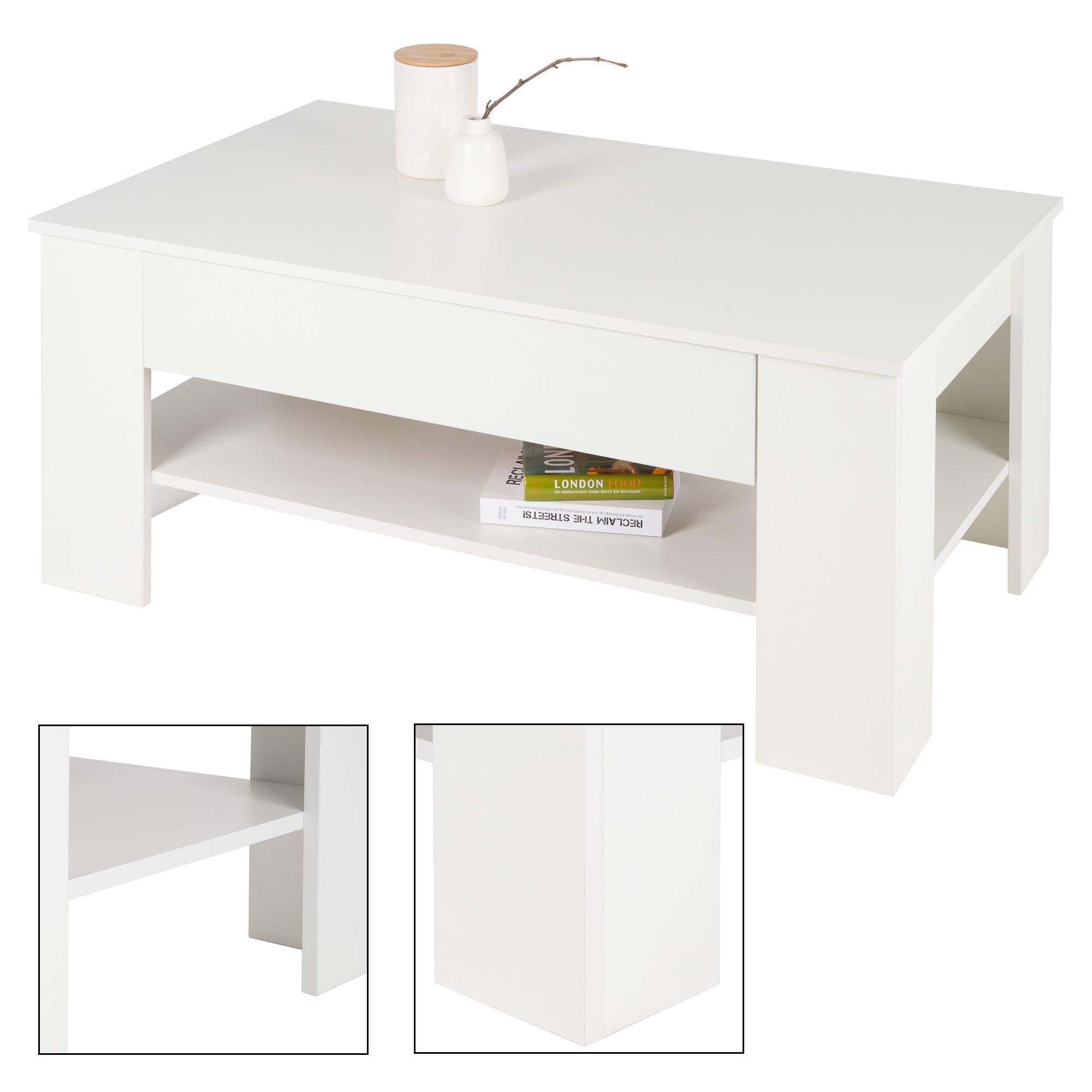 Weißer Couchtisch mit einer Vase und einem Ast, Detailansicht.