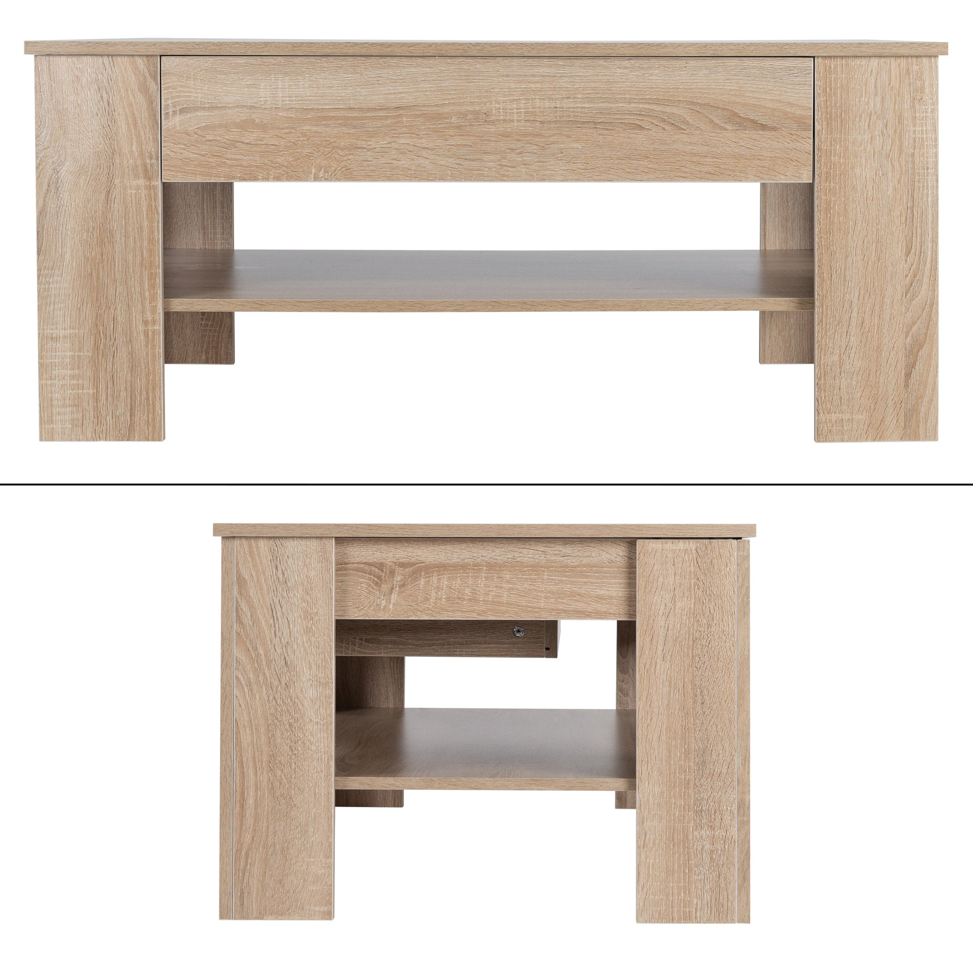 Holztisch von vorne und von der Seite, mit Schublade und Regalboden.