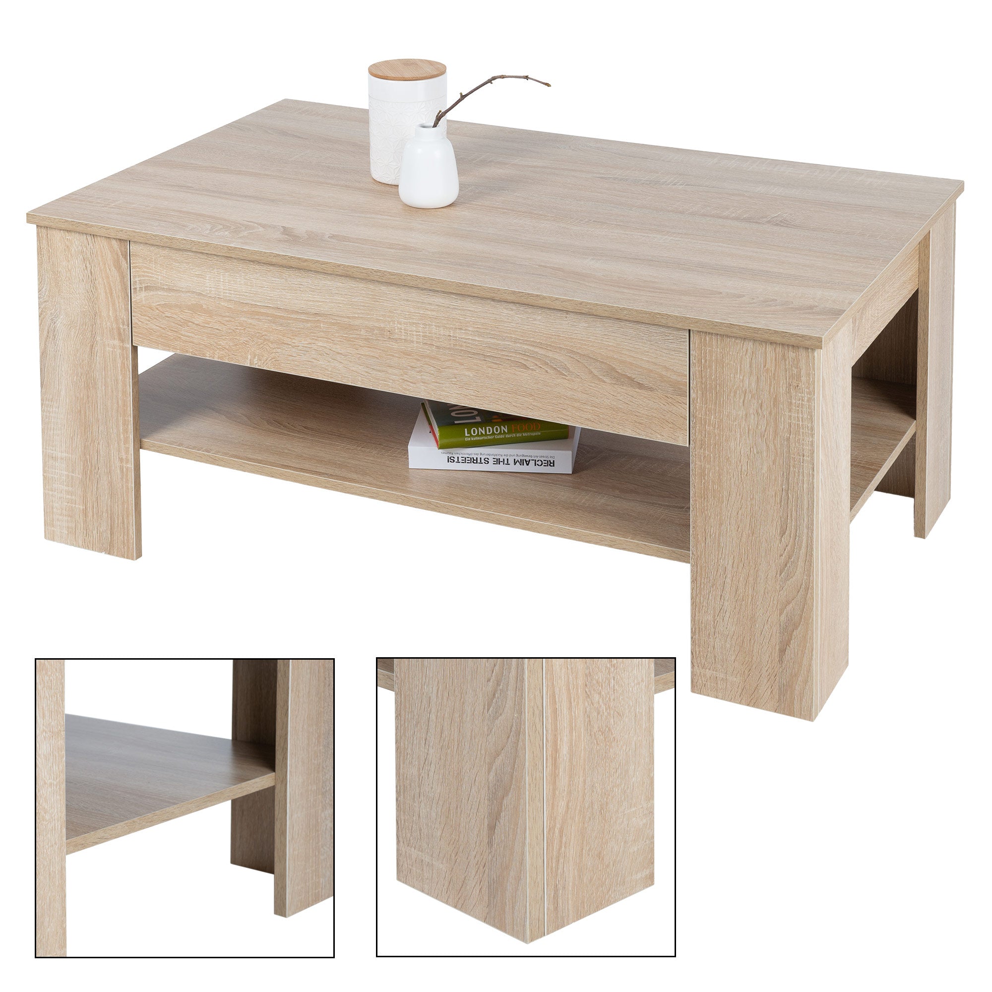 Holztisch mit einer Schublade und einem offenen Regalboden.