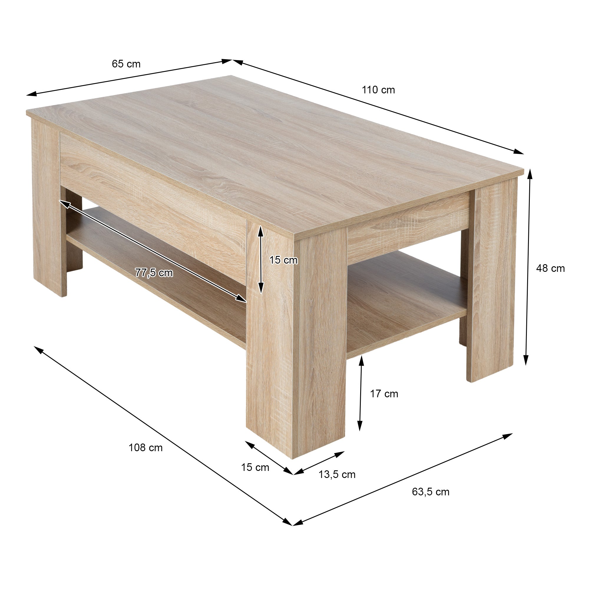 Holztisch mit Maßen: 110 cm x 63,5 cm x 48 cm, mit Ablage.