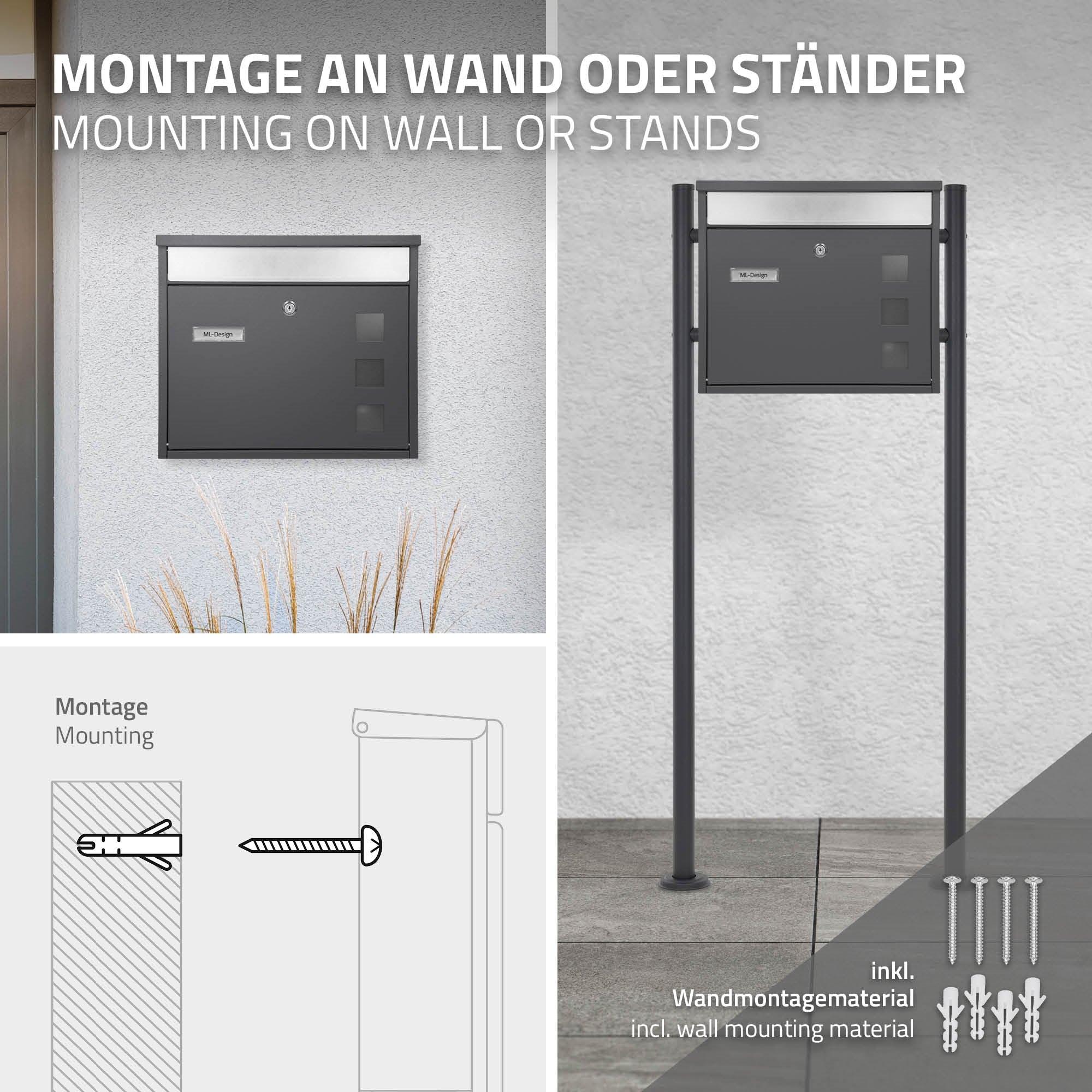 Montageanleitung für Briefkasten an Wand oder Standfuß.