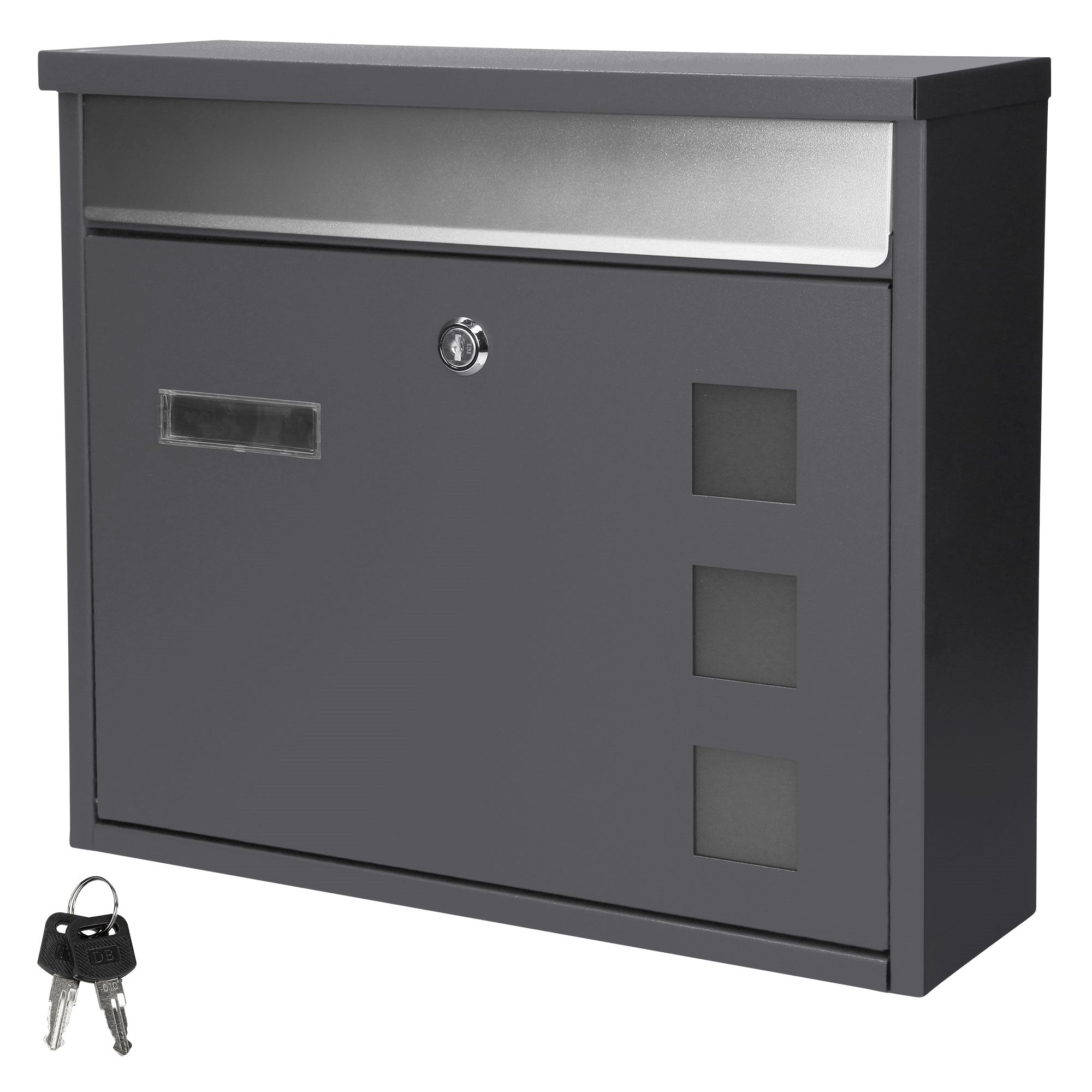 Gray mailbox with key and viewing window.