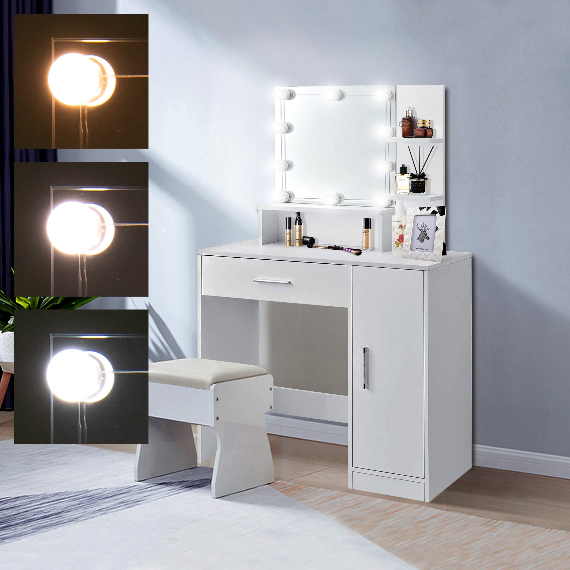Une coiffeuse avec miroir, éclairage et un siège à côté.