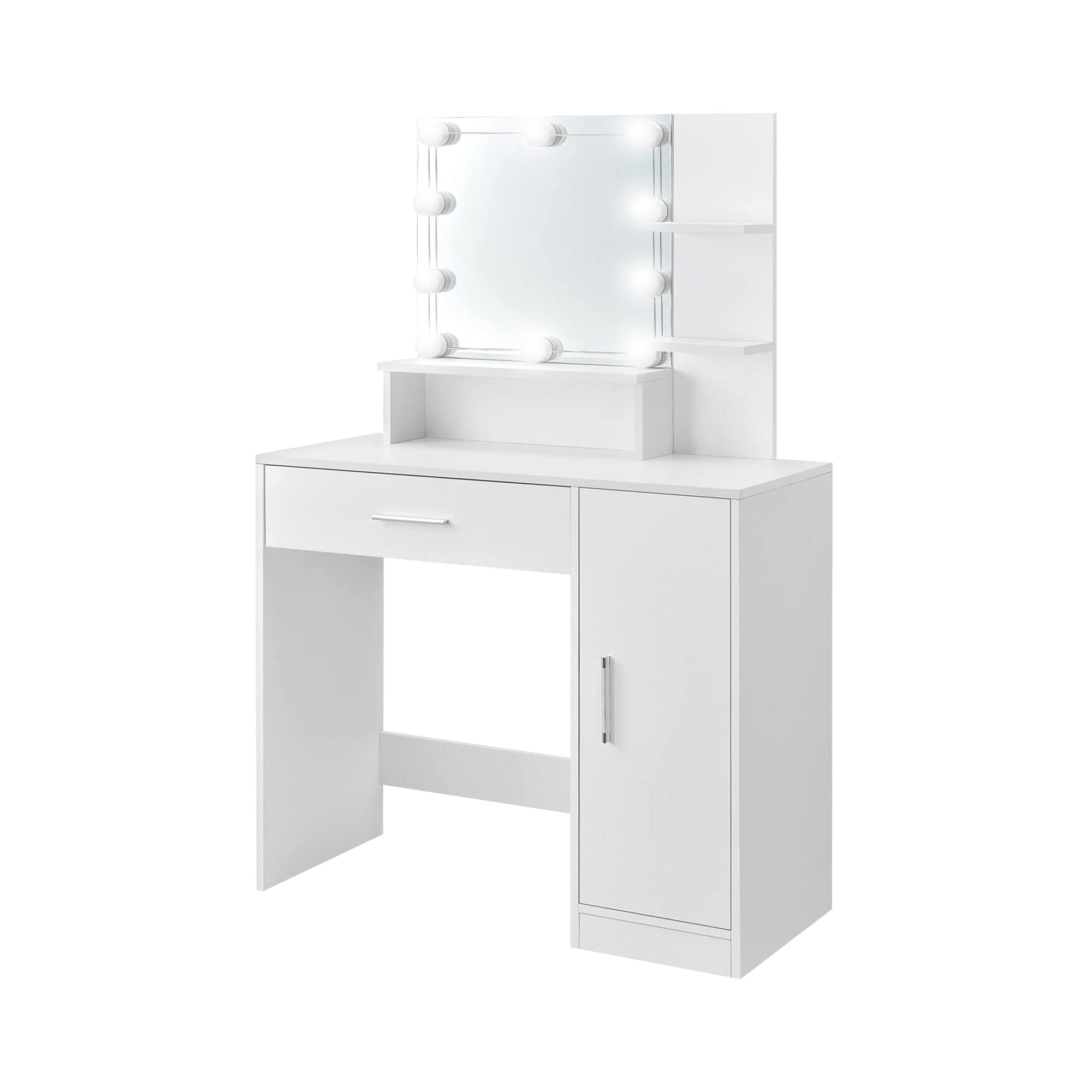 Une coiffeuse blanche avec miroir et lumières intégrées.