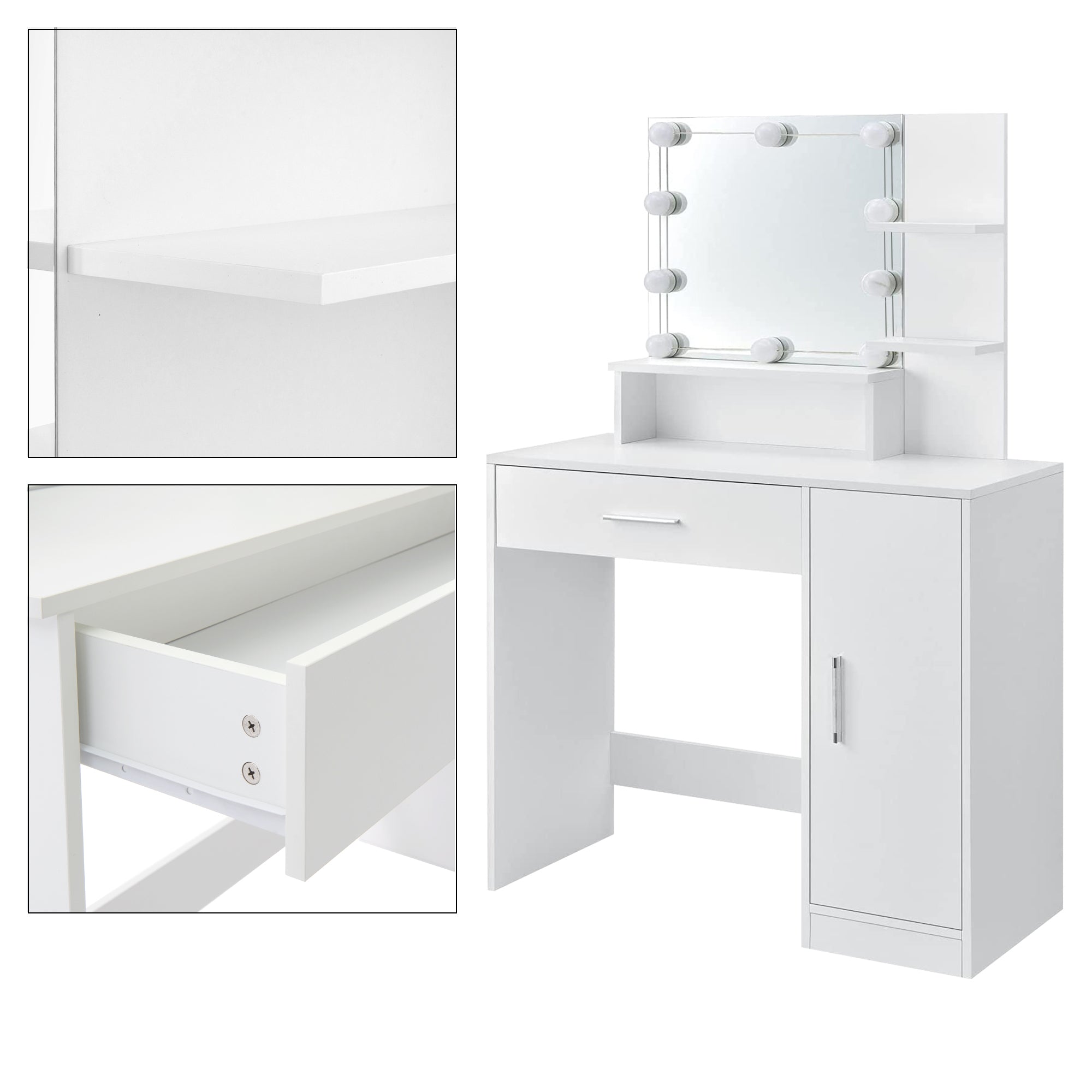Coiffeuse blanche avec miroir, tiroir et étagère, vue détaillée du tiroir.