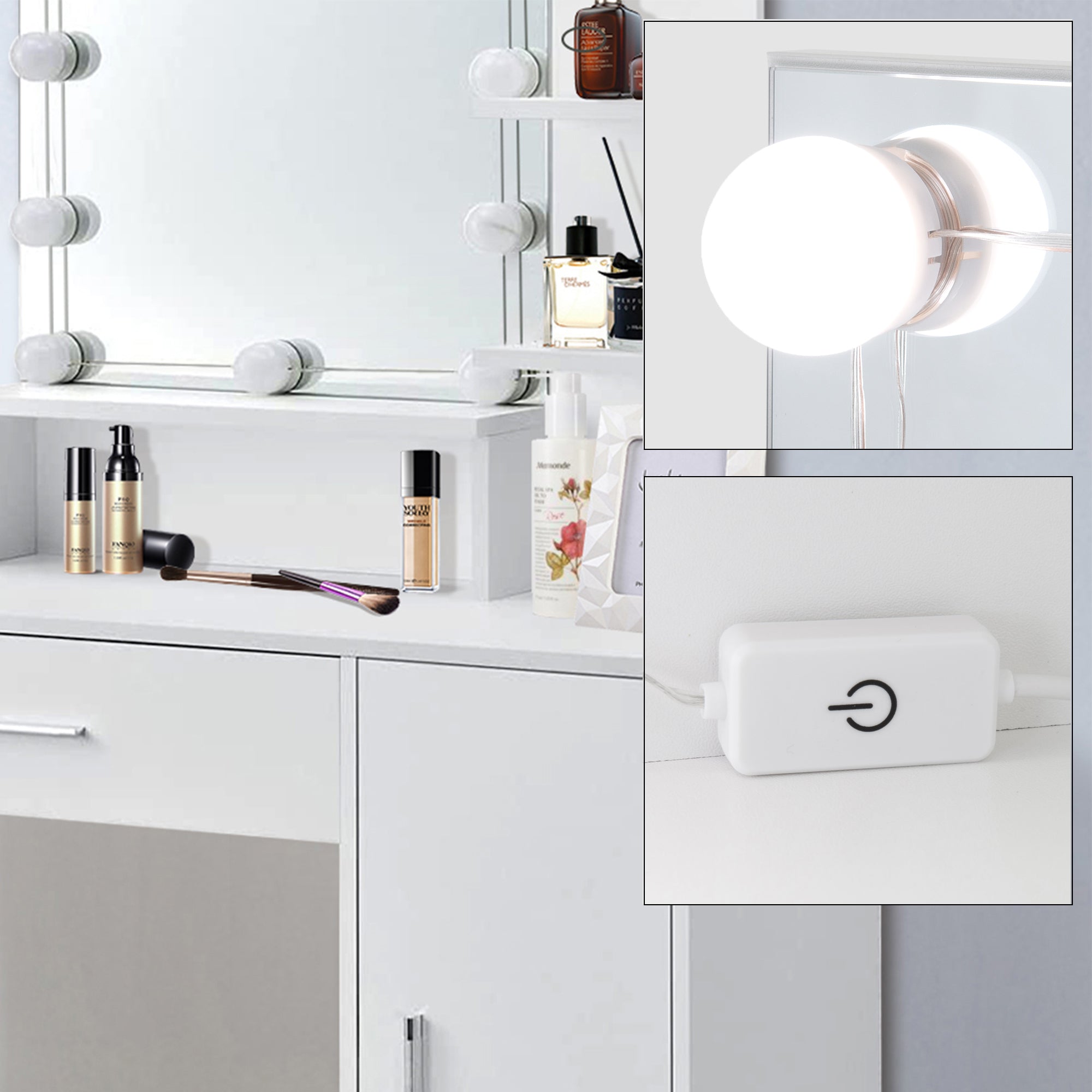 Une coiffeuse avec miroir, éclairée par des lampes rondes, et des produits cosmétiques.