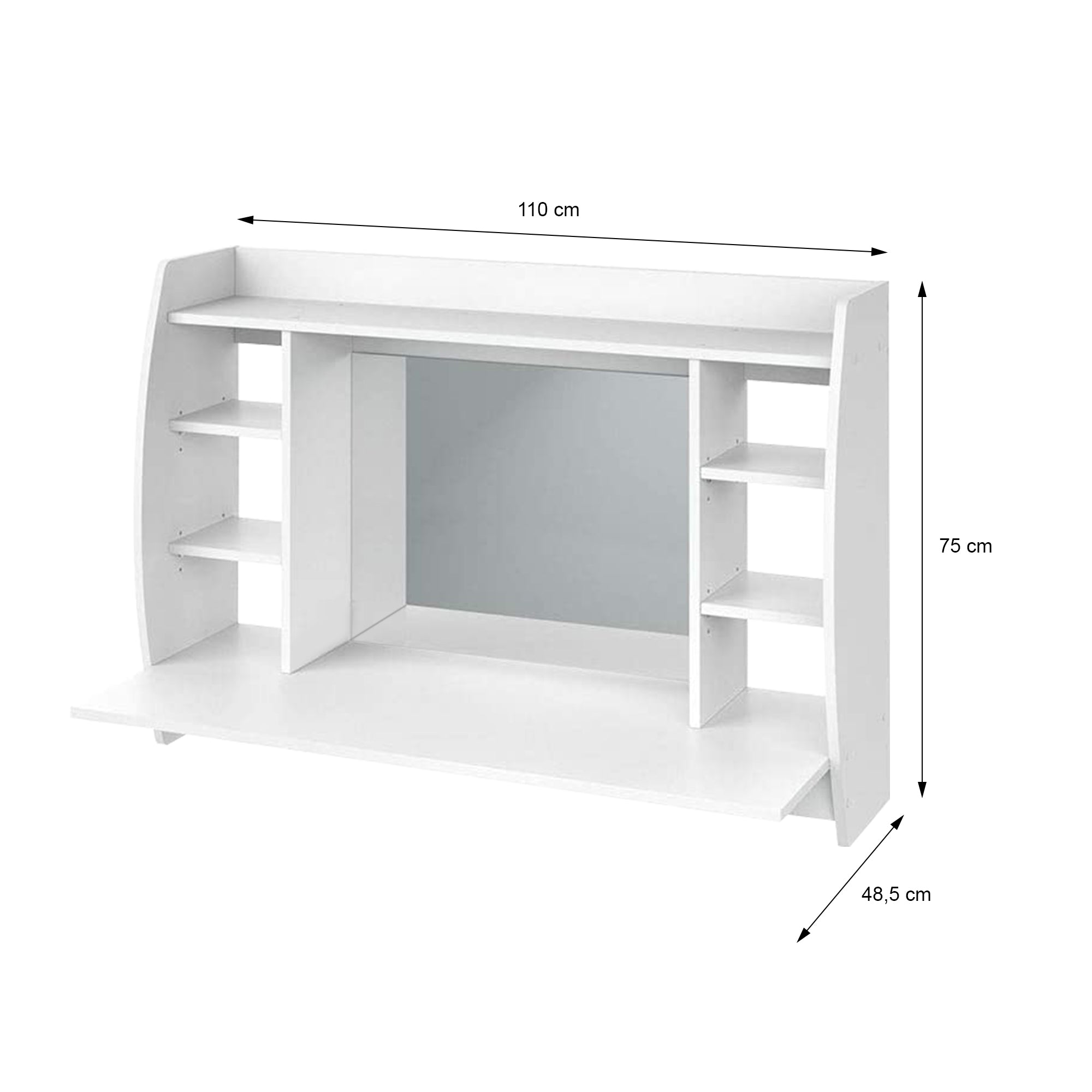 Schreibtisch mit Spiegel und Regalen, Maße: 110 cm x 75 cm x 48,5 cm.