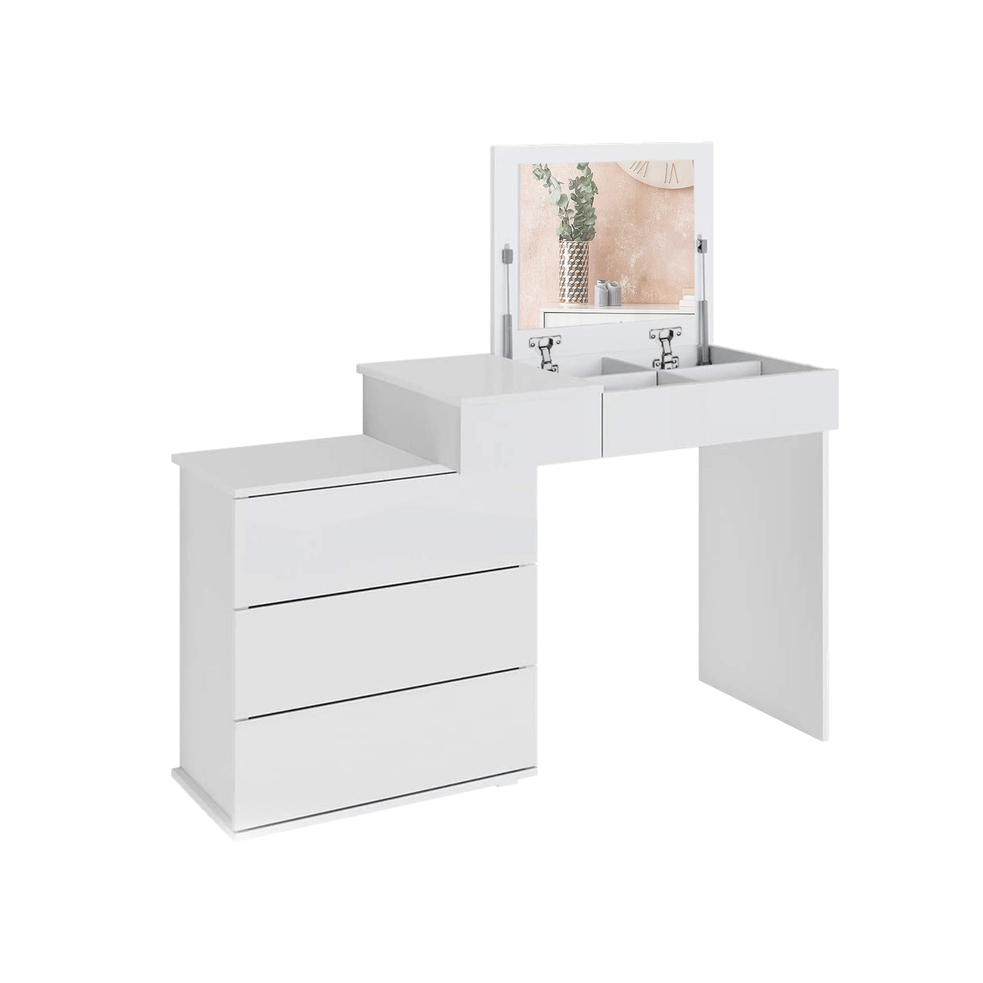 Tavolo da trucco bianco con specchio e due cassetti.